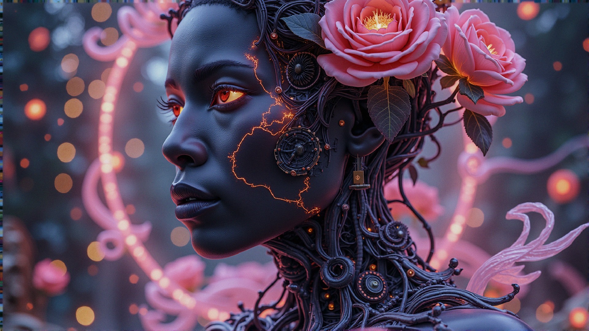 Futuristic figure with dark skin and vibrant roses
