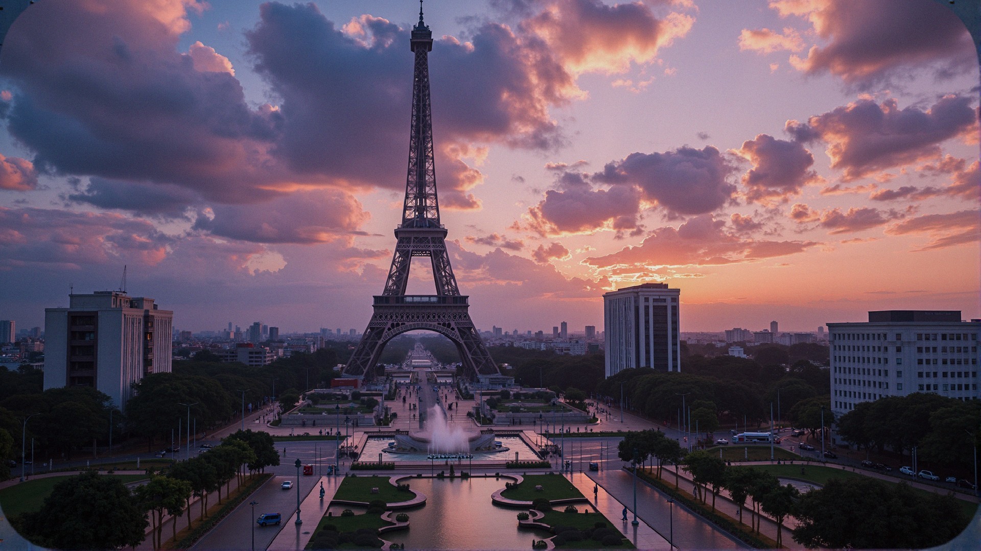 Sunset View of Eiffel Tower with Vibrant Sky Colors