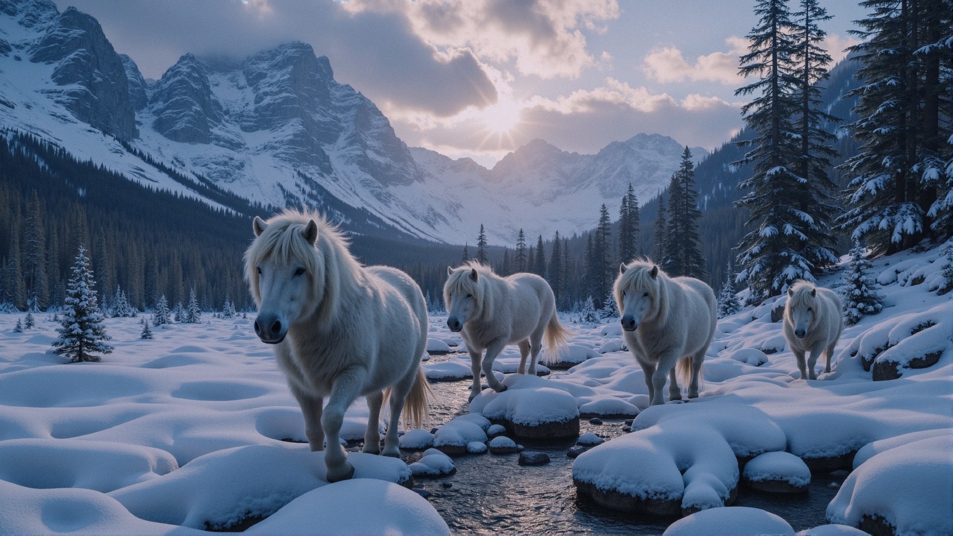 Winter Landscape with White Horses in Snowy Scene