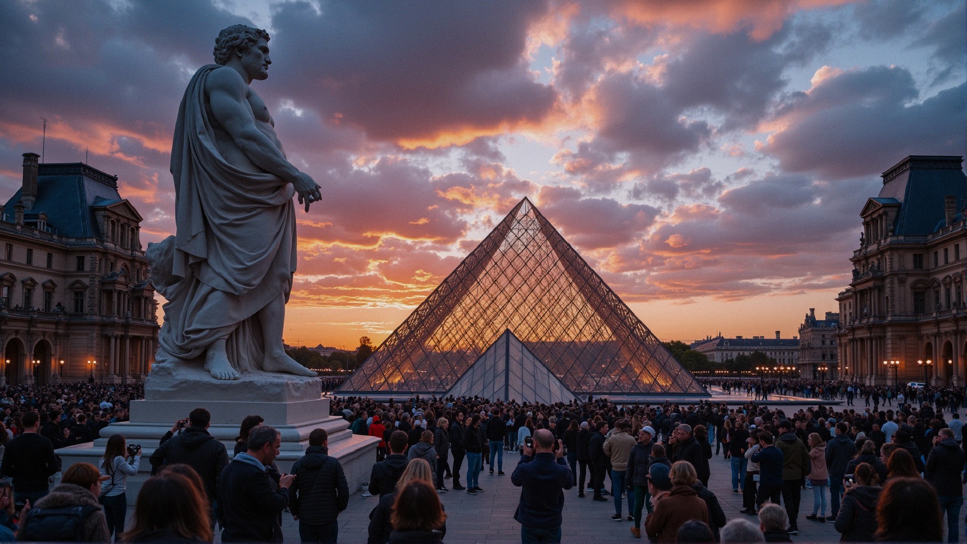Vibrant Sunset Over the Louvre and Glass Pyramid