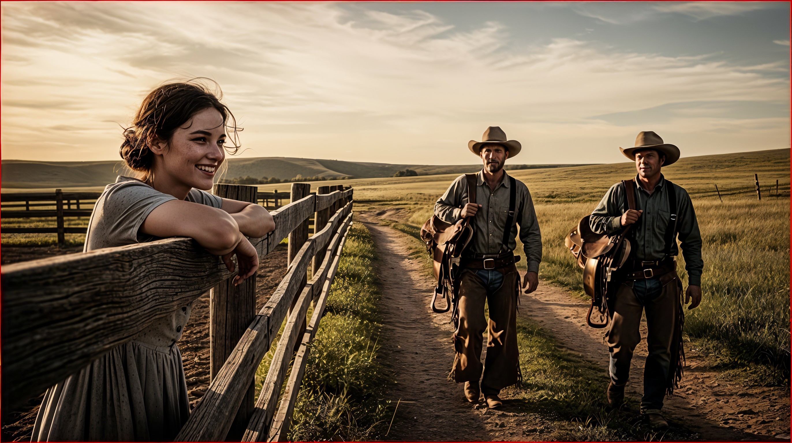 Smiling Woman in Sunlit Rural Landscape with Cowboys