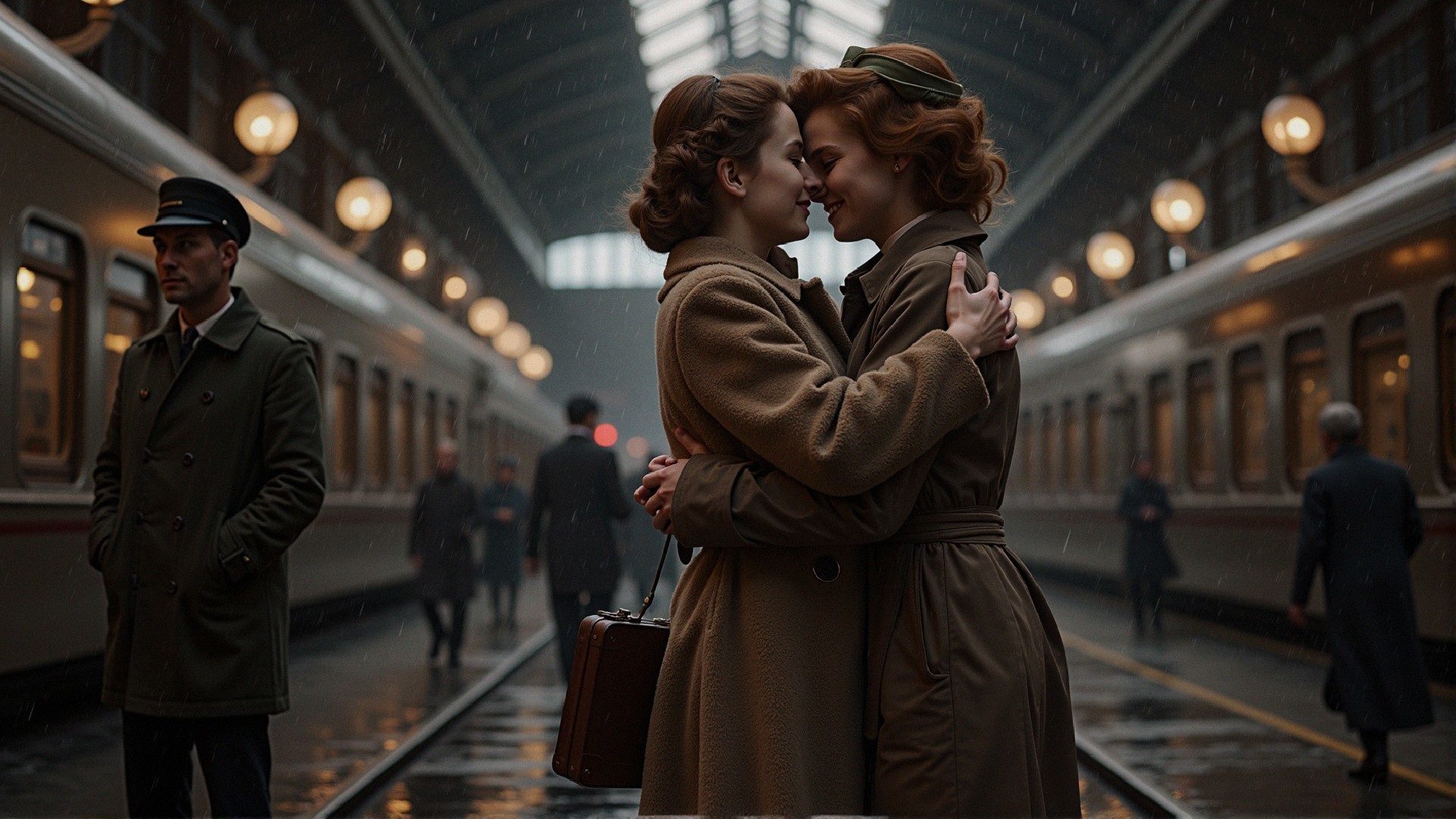 Vintage Train Station Scene with Women Embracing