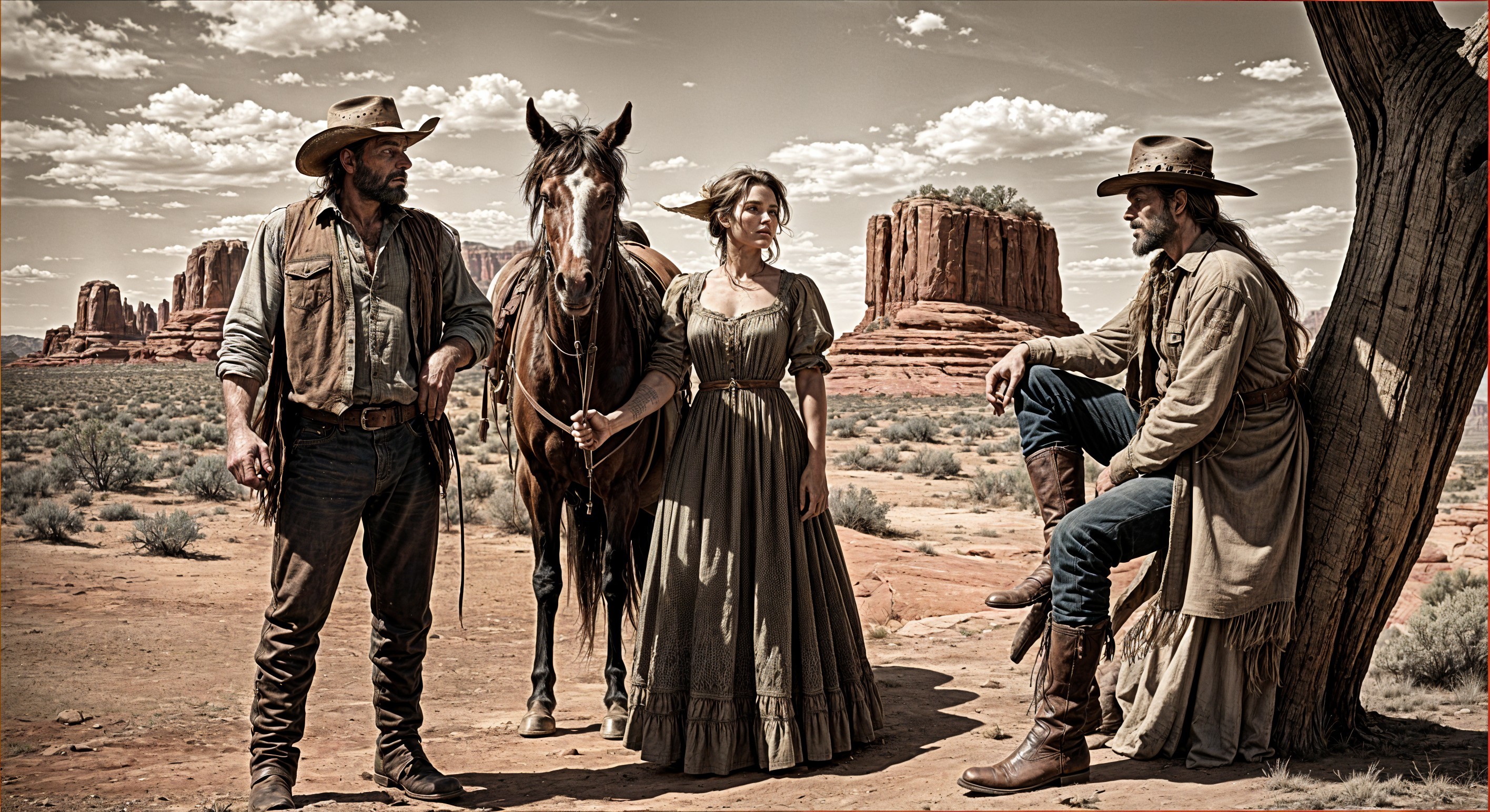 Desert Scene with Three Figures in Western Setting