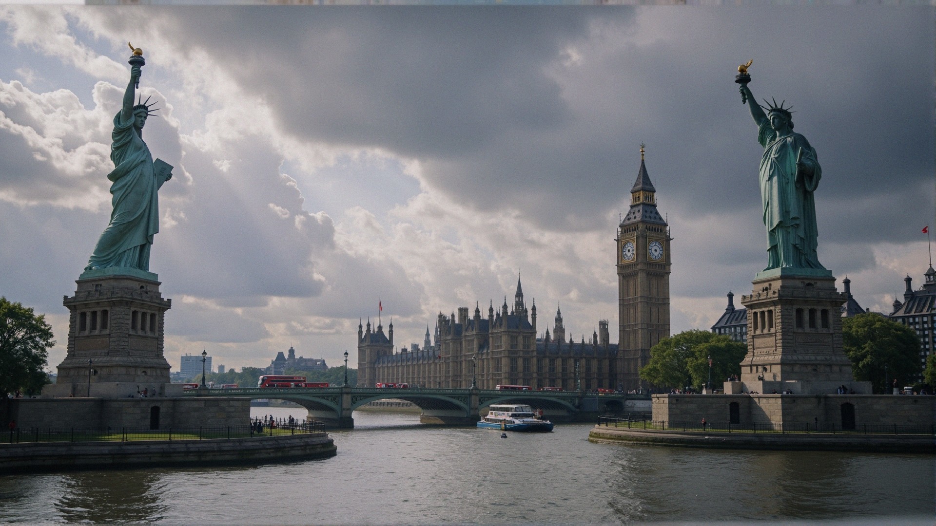 River View with Statues and Houses of Parliament