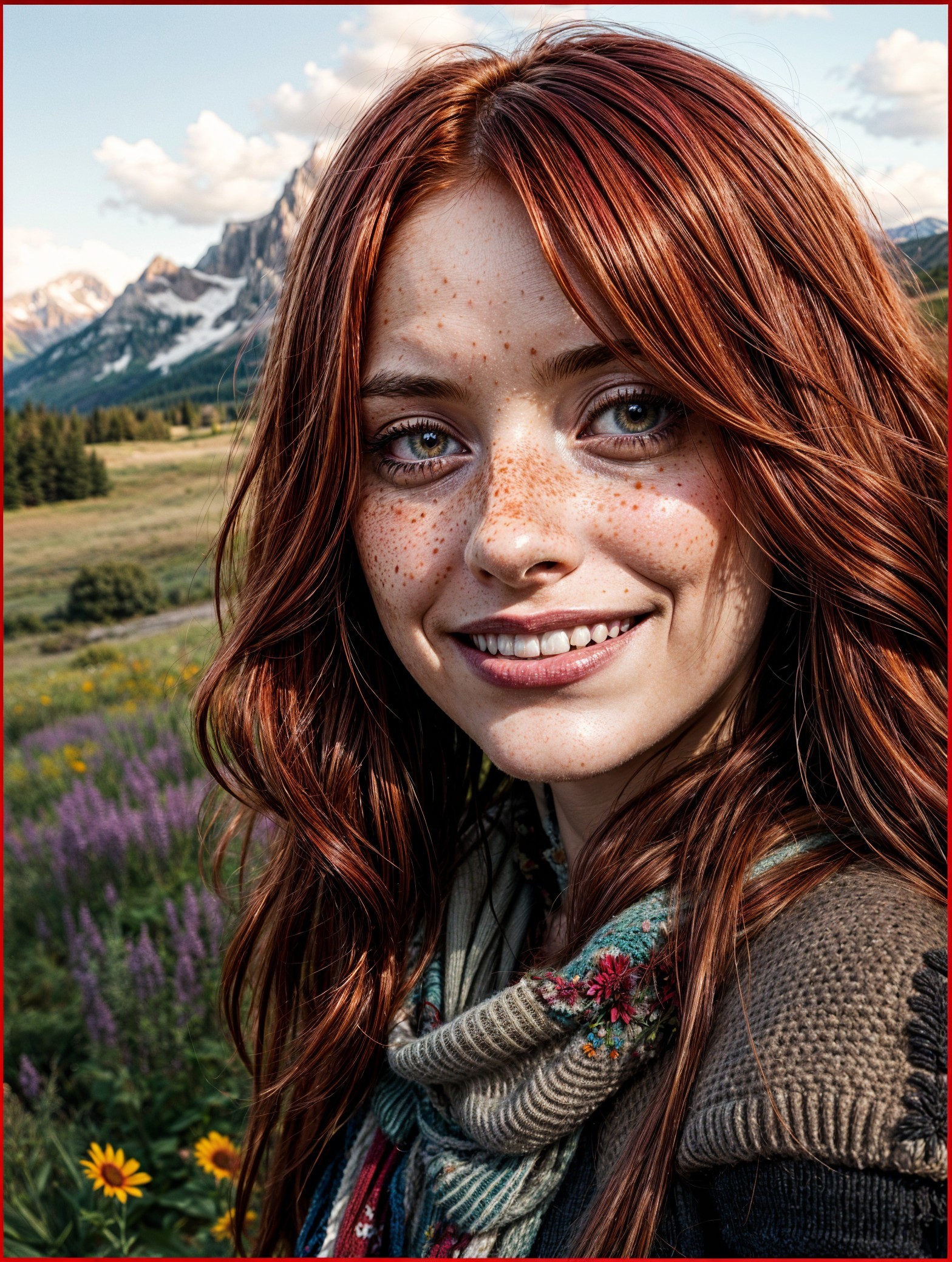 Young woman with red hair in scenic mountain setting