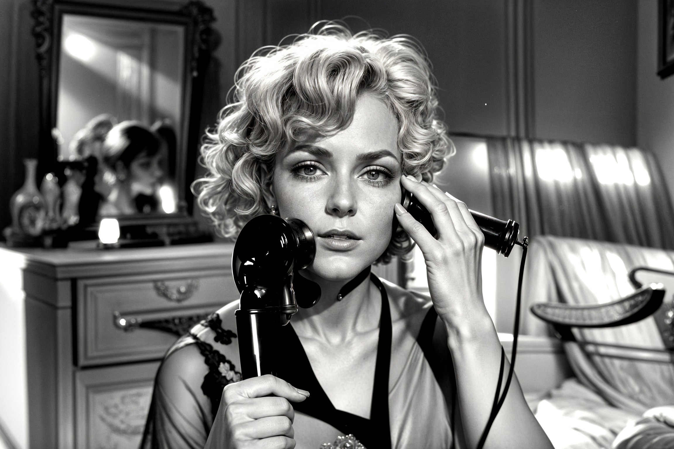 Woman with Curly Hair and Vintage Telephone in B&W