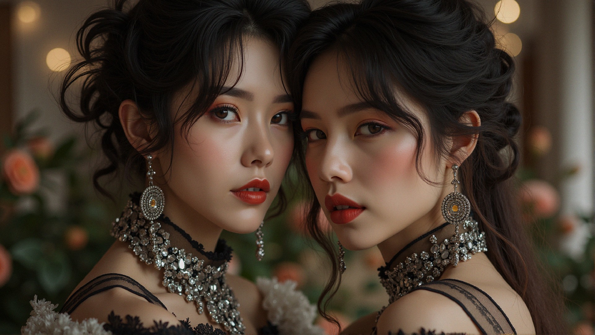 Elegant Women in Dark Lace with Floral Backdrop
