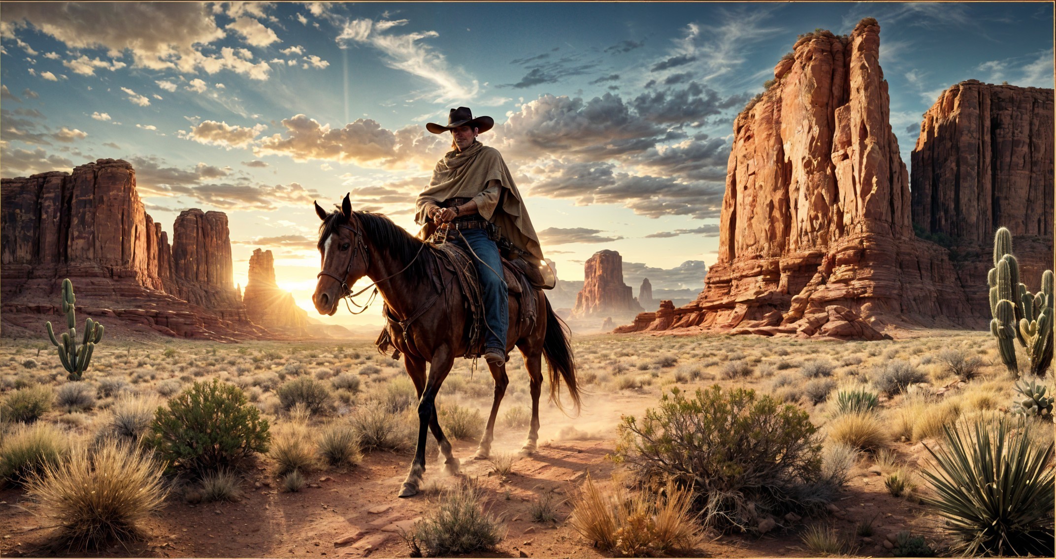 Cowboy on Horse in Desert Landscape at Sunset