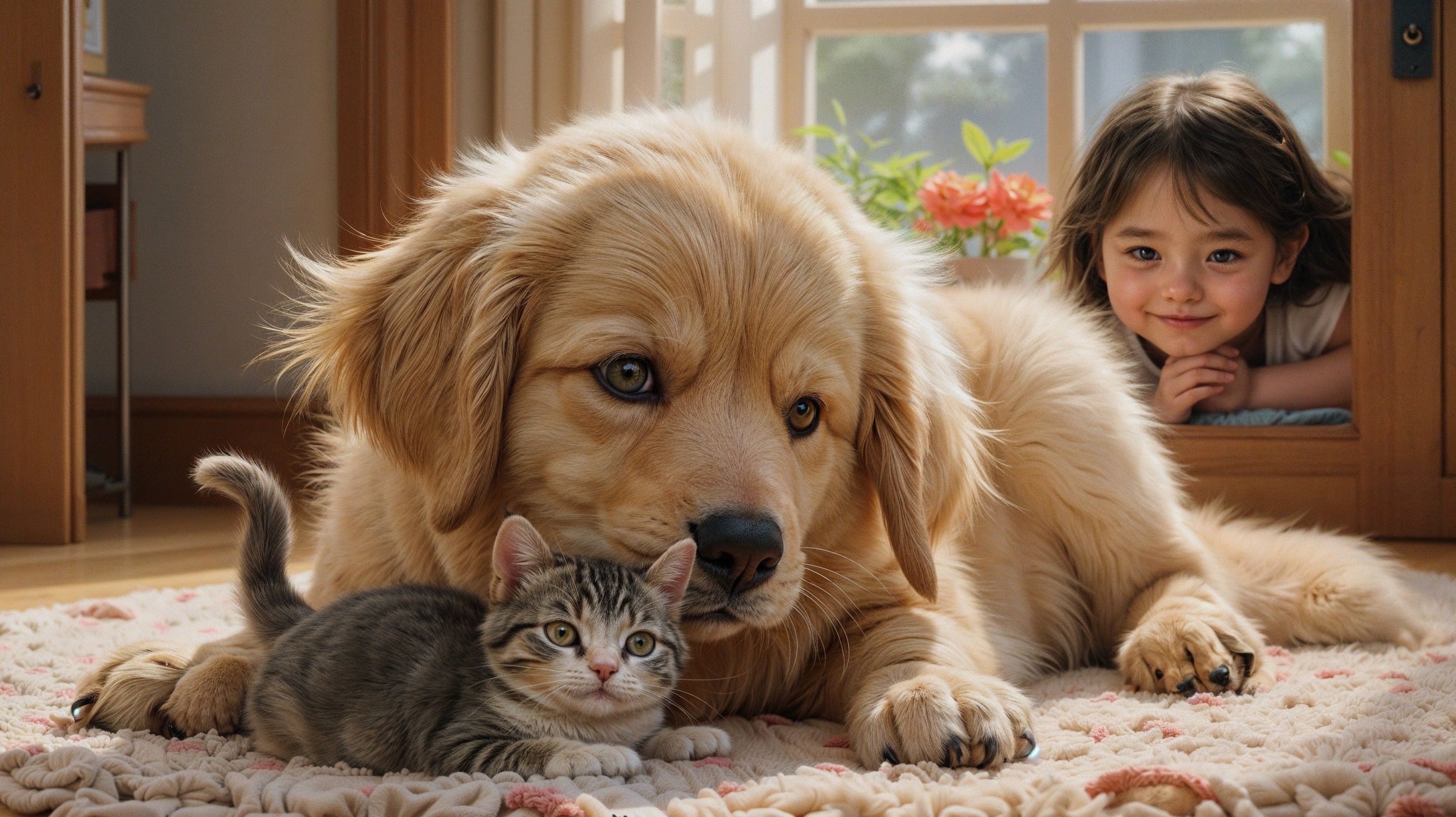 Golden Retriever and Tabby Kitten in Cozy Room
