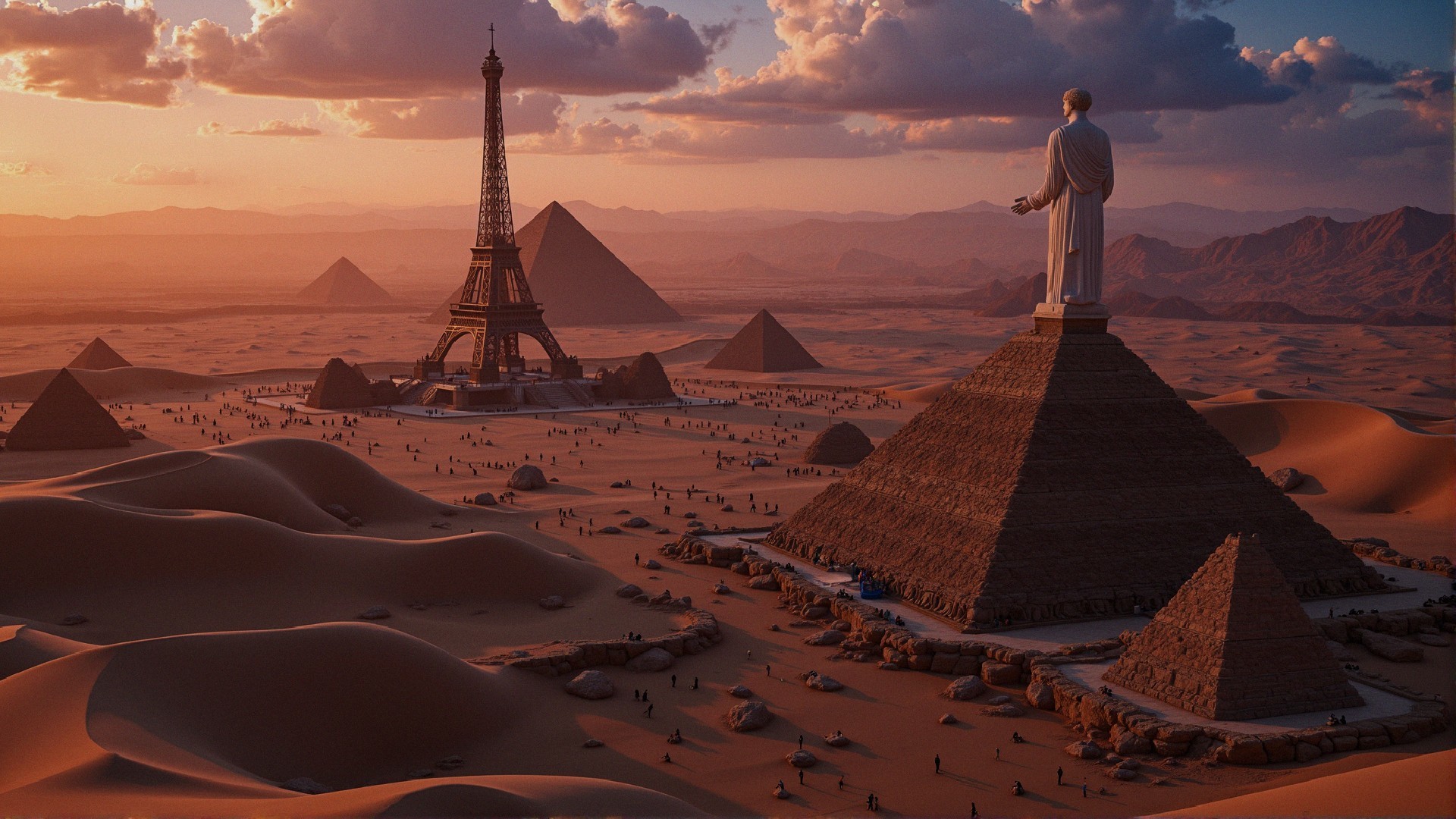 Surreal Landscape with Iconic Landmarks and Sunset Hues