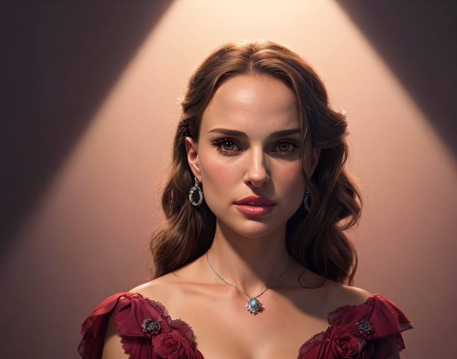 Brown-haired woman in burgundy off-shoulder dress with floral details and earrings on light triangle background