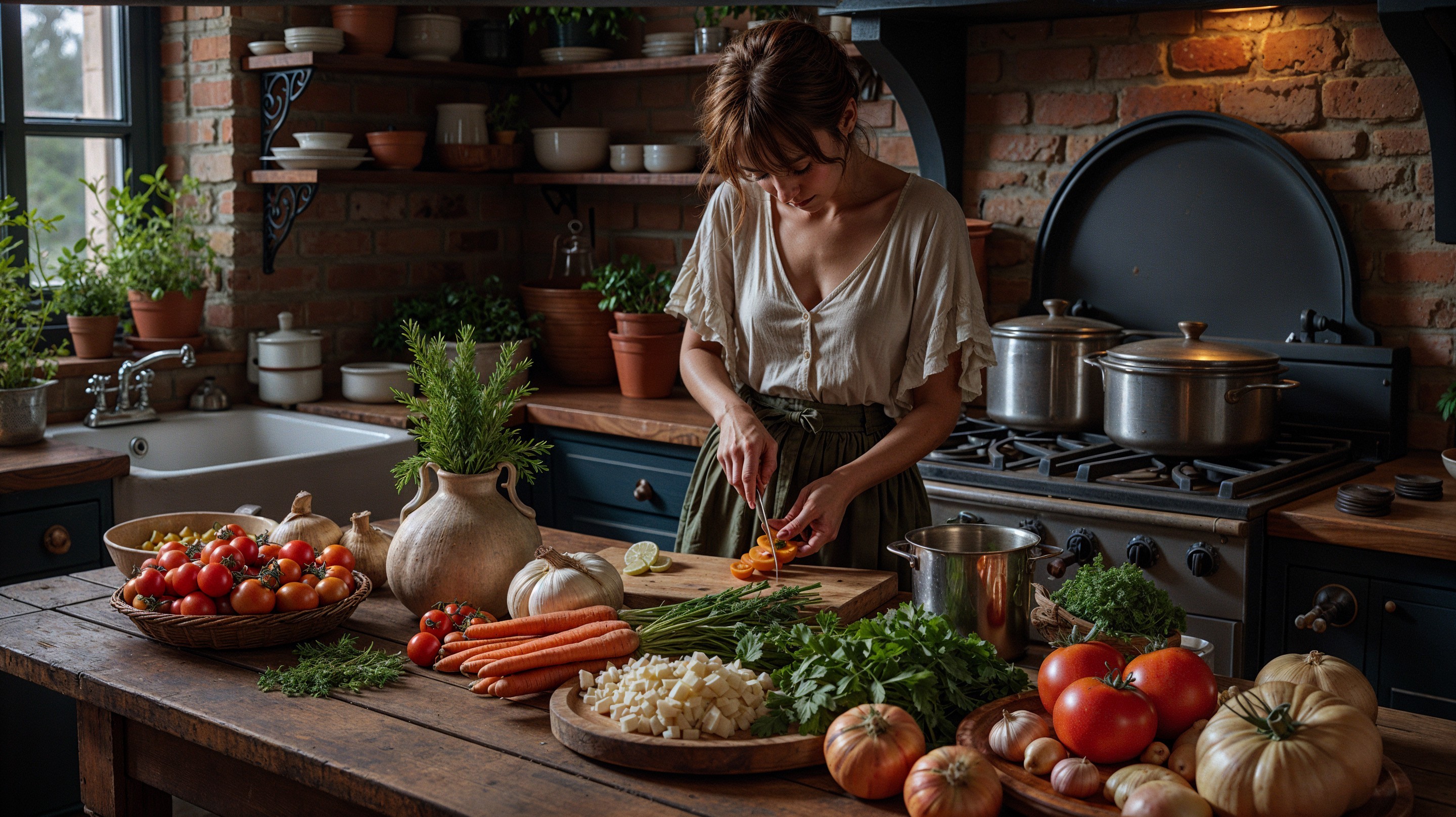 Cozy Kitchen with Rustic Charm and Fresh Vegetables