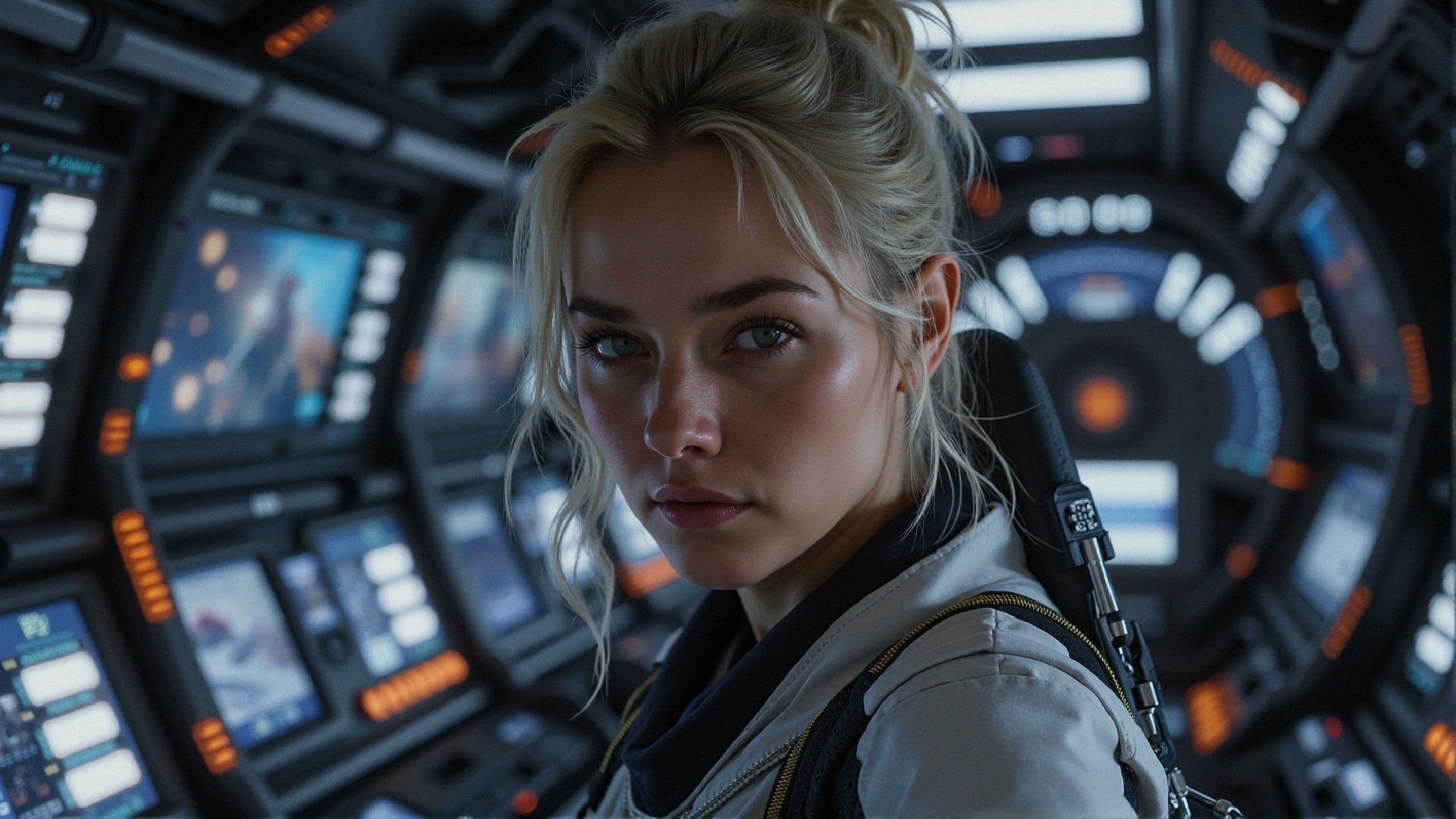 Young Woman in Futuristic Spaceship Cockpit