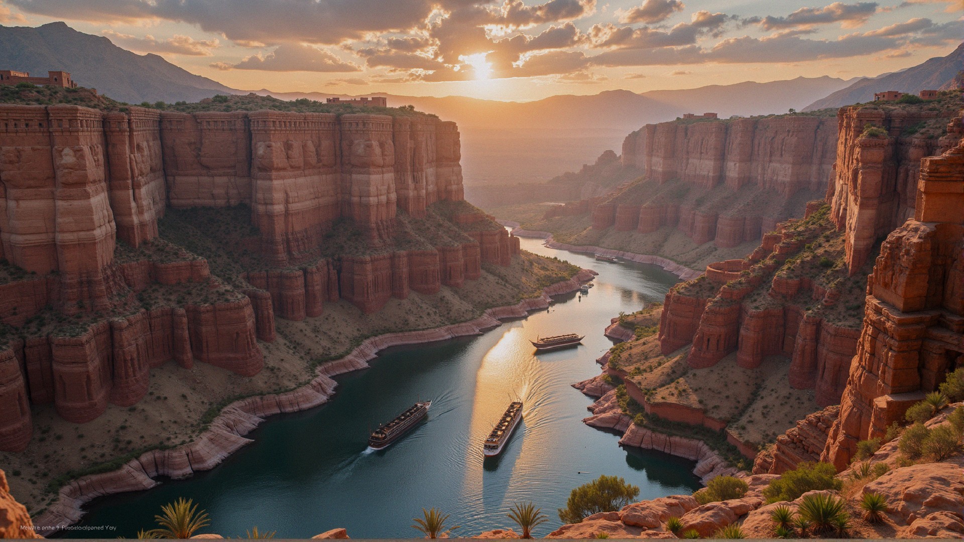 Canyon Landscape at Sunset with River and Cliffs