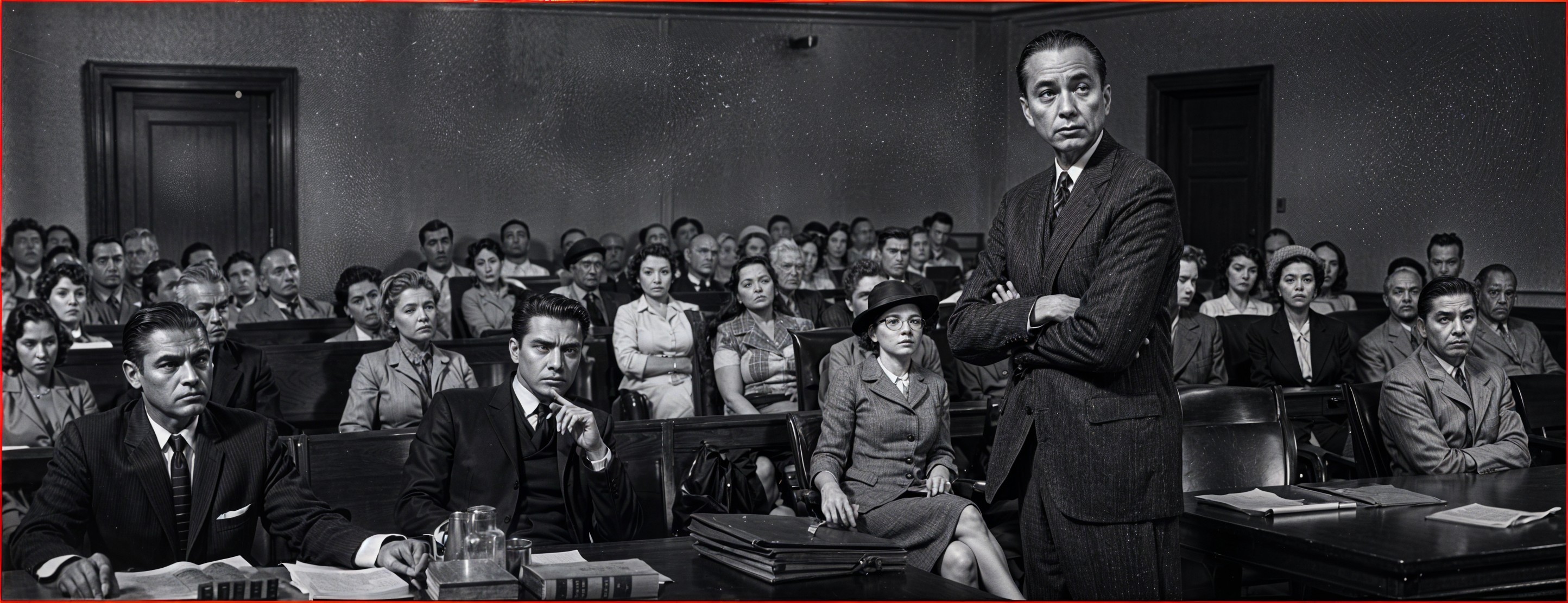 Dramatic Black-and-White Courtroom Scene Description
