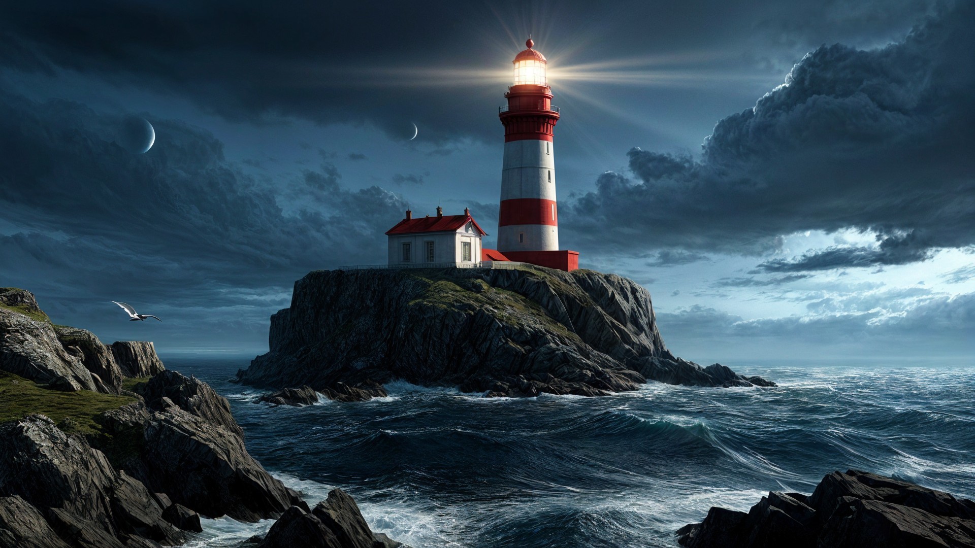 Lighthouse on Rocky Outcrop Amid Turbulent Waters