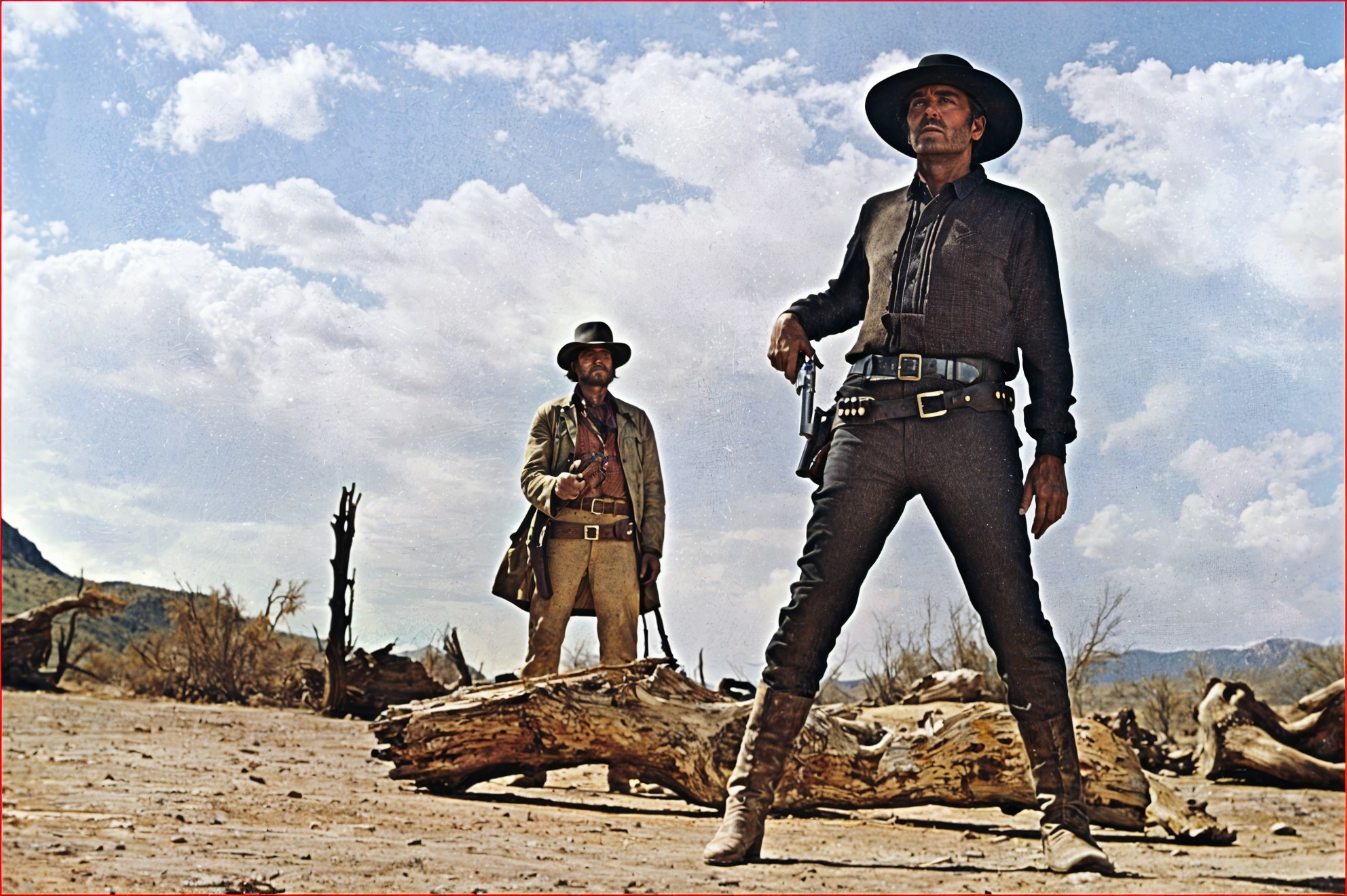 Cowboys in Barren Landscape Under Partly Cloudy Sky