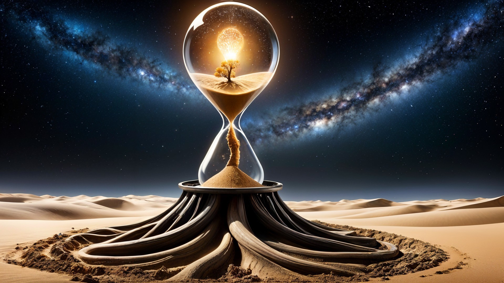 Surreal Hourglass in Desert Landscape with Glowing Tree