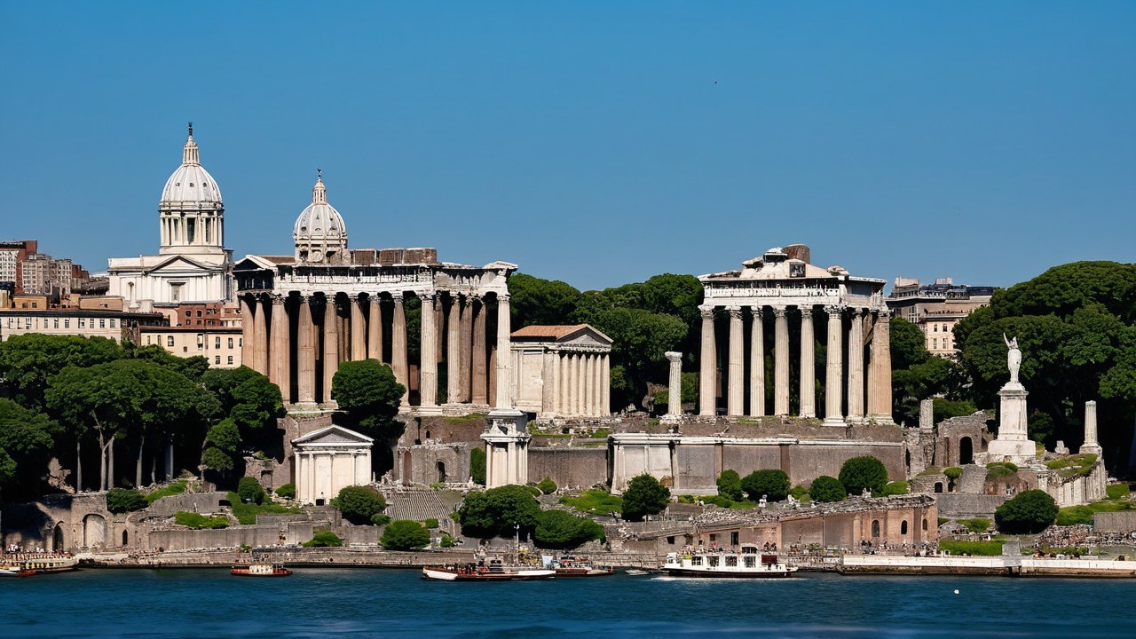Ancient Roman Ruins with Lush Greenery and River