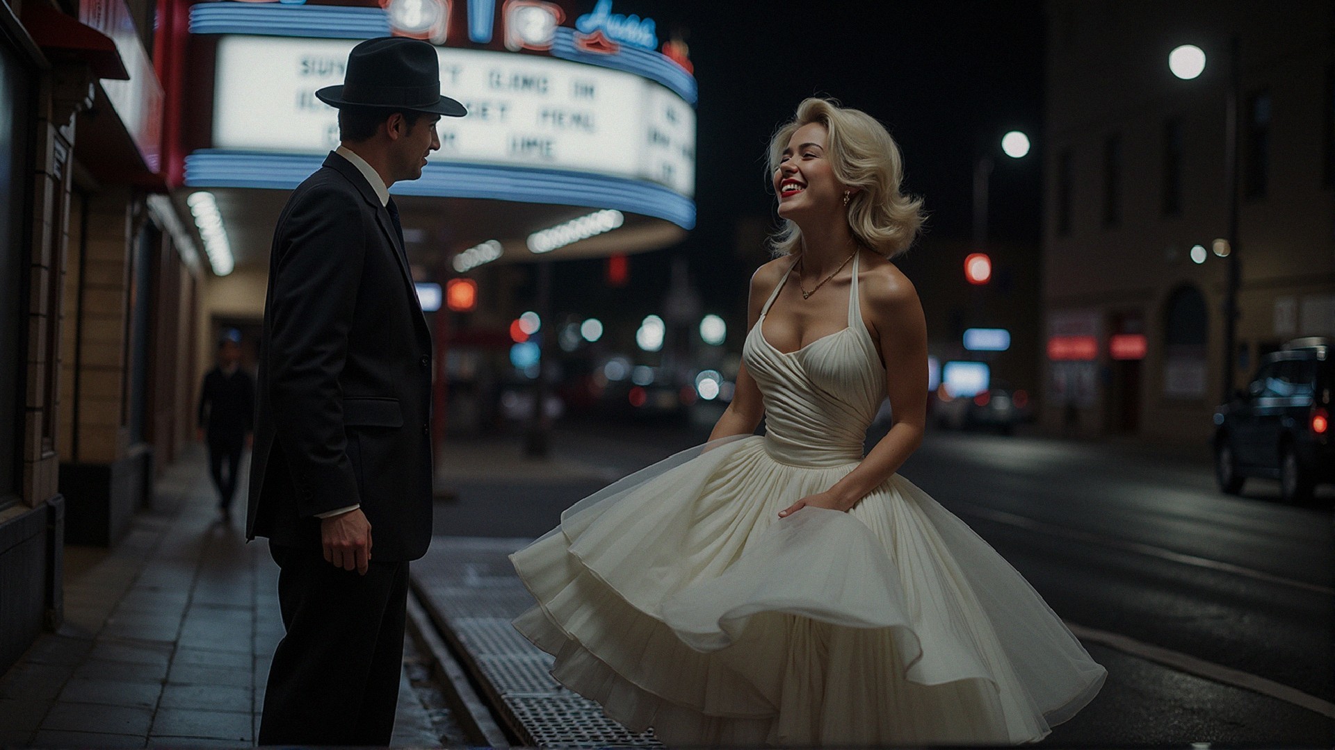 Glamorous Couple on a Vintage Movie Theater Street