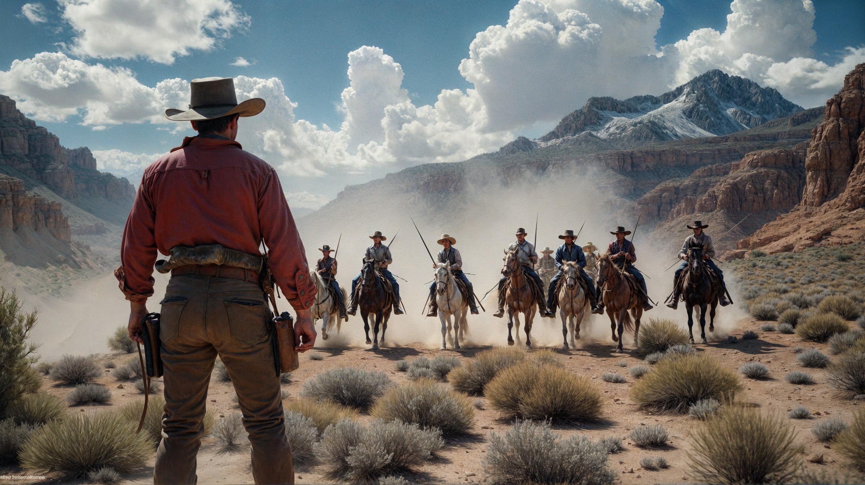 Cowboy Confronts Riders in Dramatic Desert Landscape