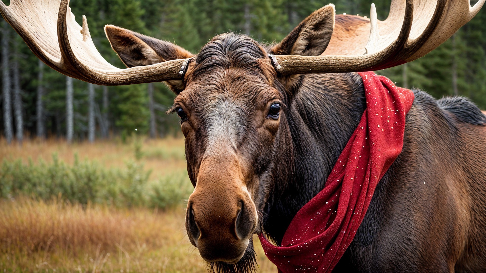 Moose with Antlers and Red Scarf in Lush Landscape