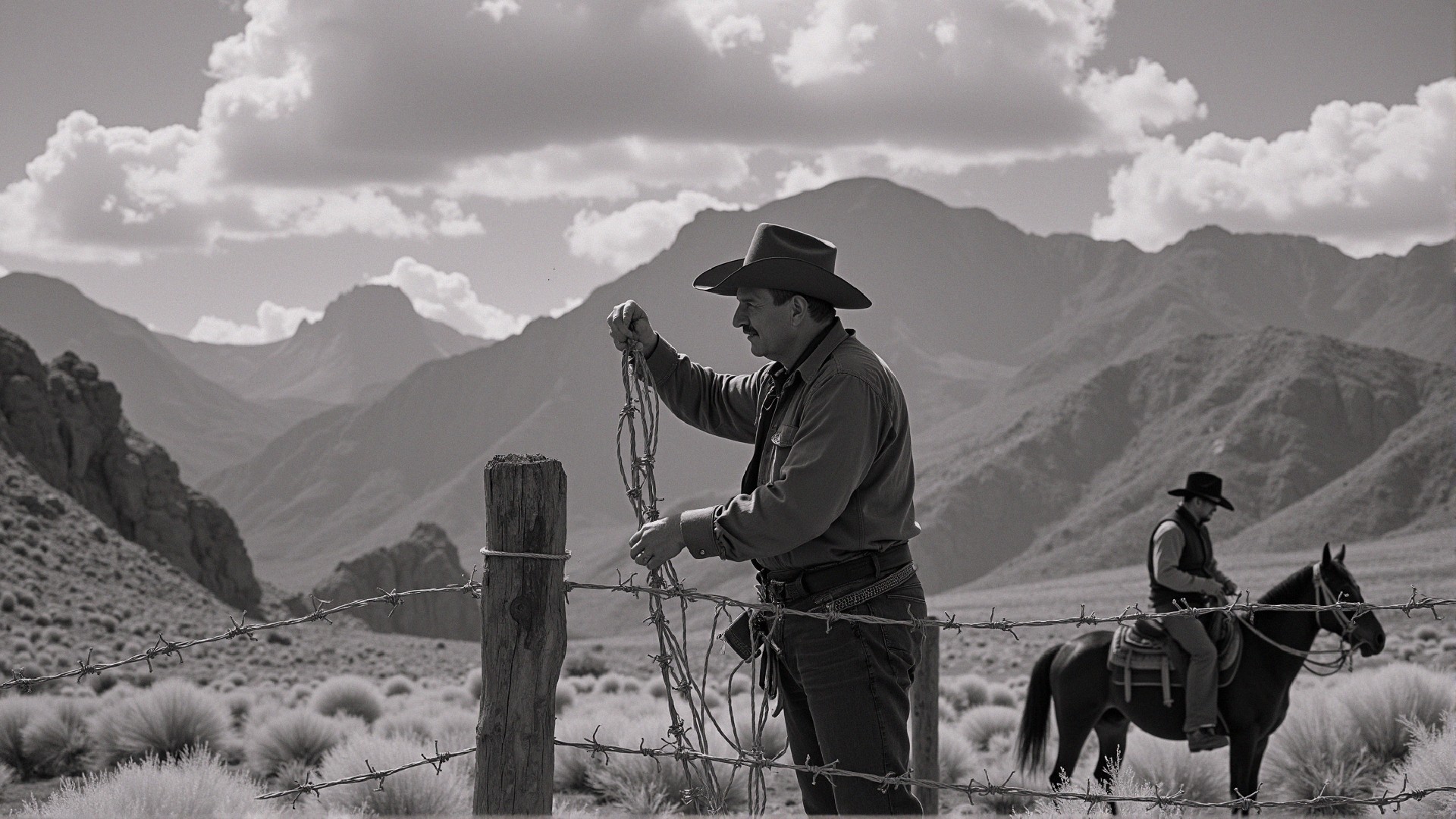 Cowboy Untangling Barbed Wire in Rugged Landscape