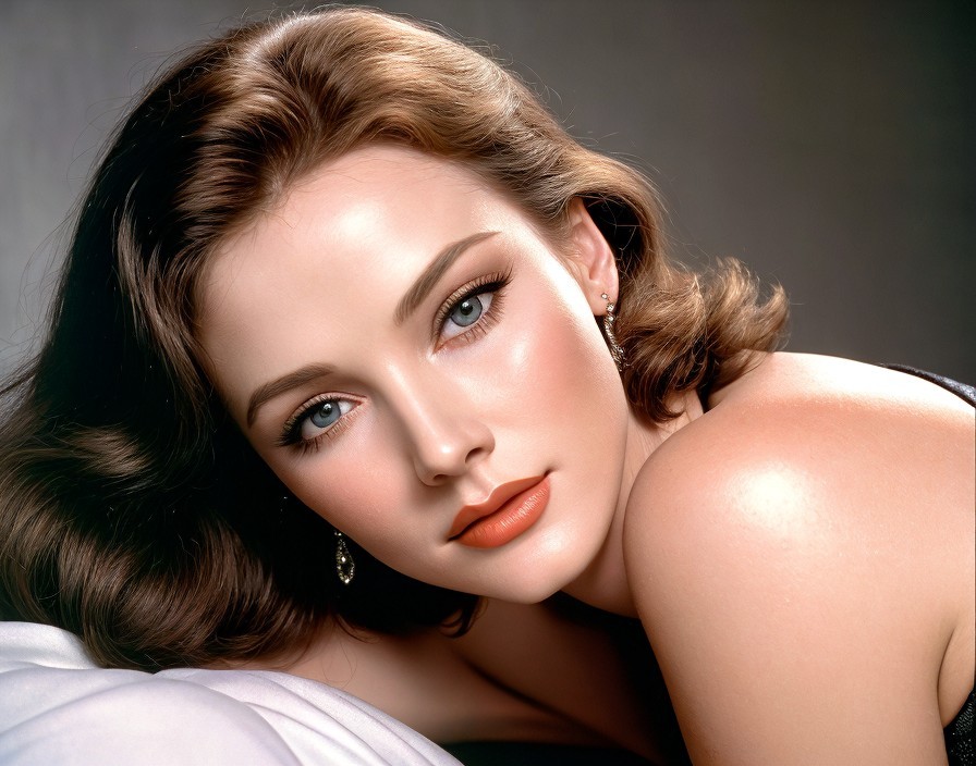 Portrait of a woman with short brown hair and makeup