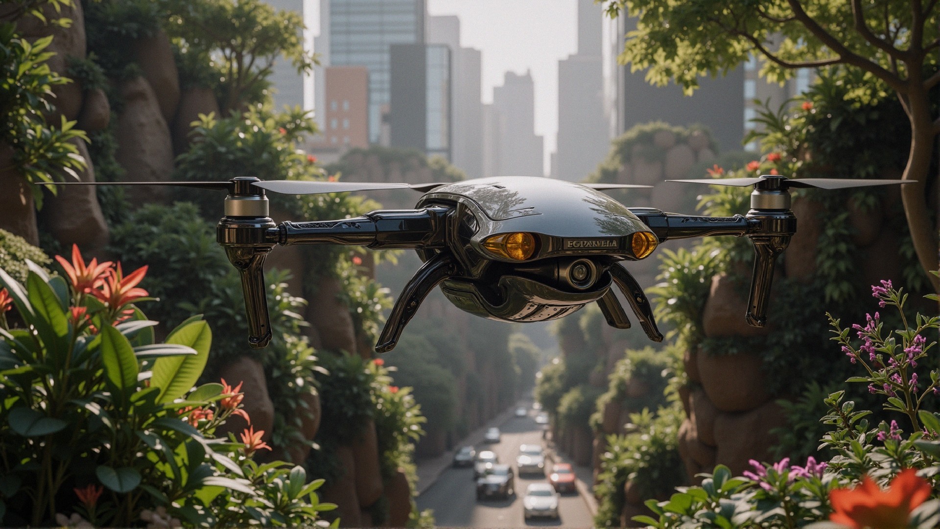Futuristic Black Drone in Urban and Greenery Setting