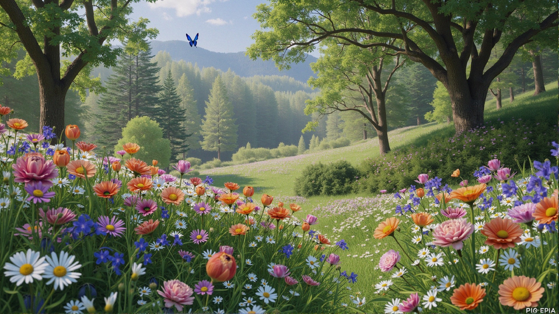 Vibrant Floral Landscape with Trees and Mountains