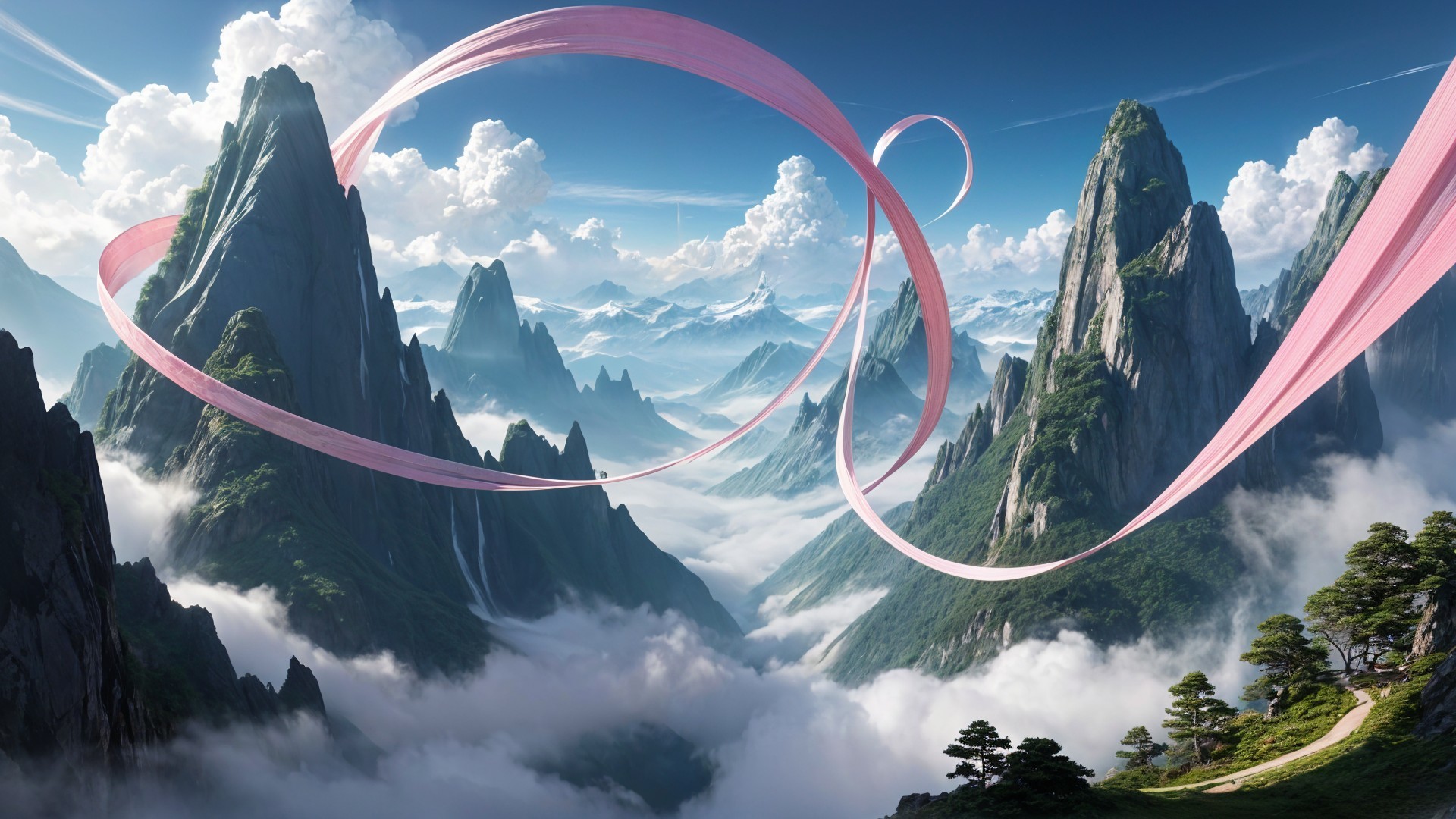 Majestic Mountains and Serene Valley Landscape Description