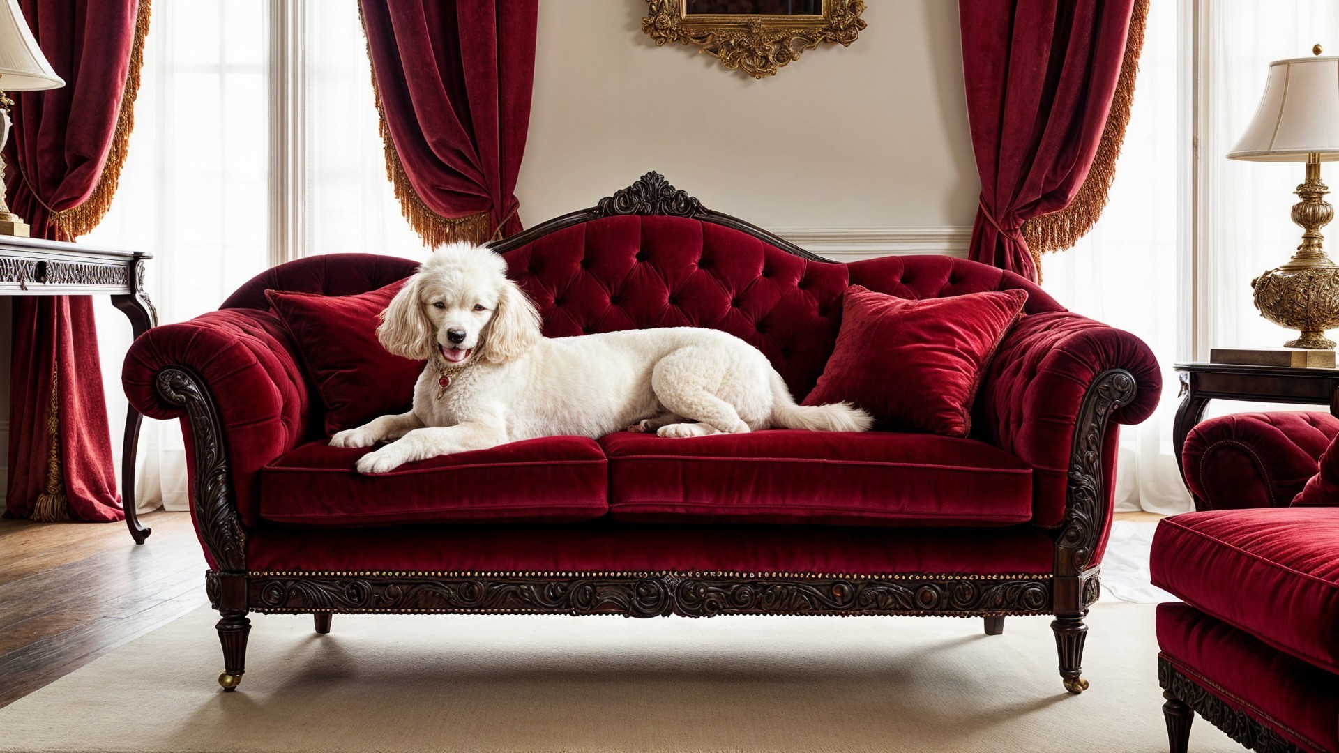 Luxurious Living Room with Velvet Couch and Dog