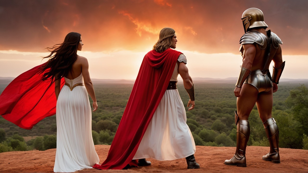 Three Heroic Figures at Sunset on Rocky Outcrop