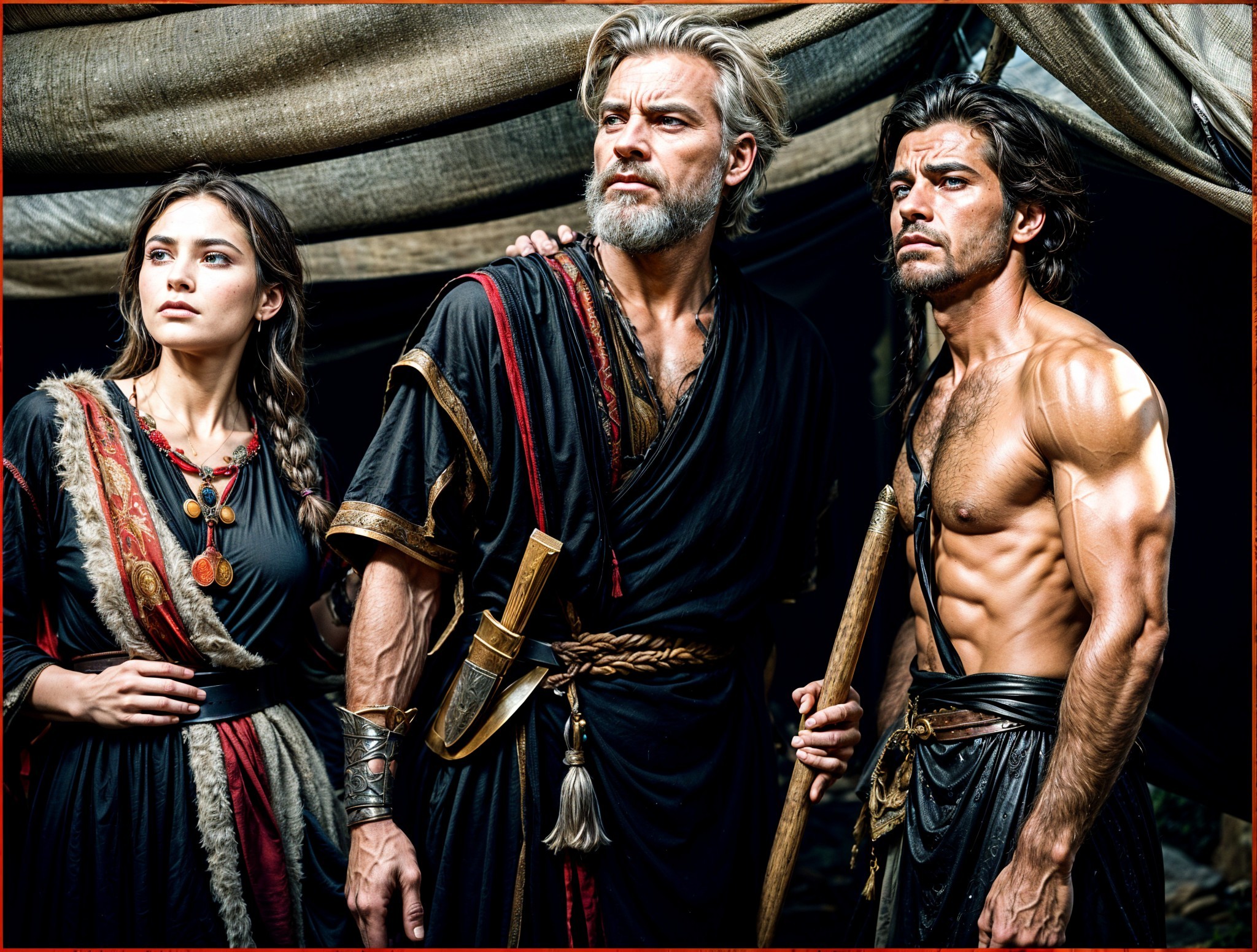 Three Characters in Ancient Attire in Dim Lighting