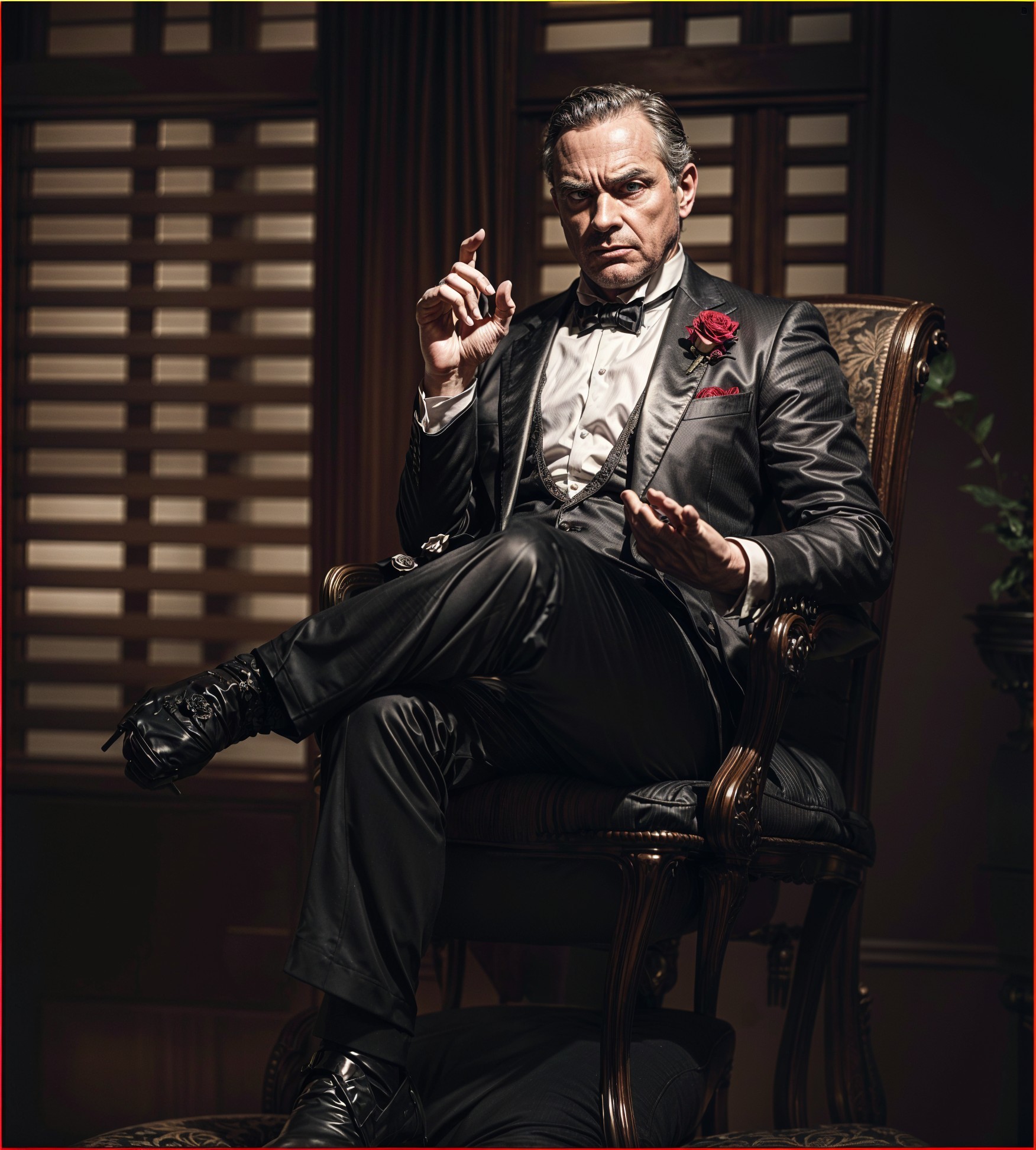 Suave Man in Tuxedo with Rose in Elegant Setting