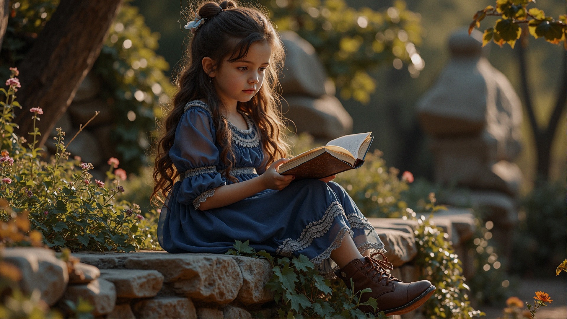 Young girl reading on stone ledge in serene garden