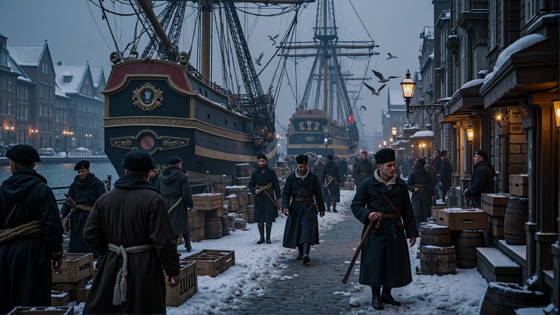 Snow-Covered Quay in Historic Port Town with Ships