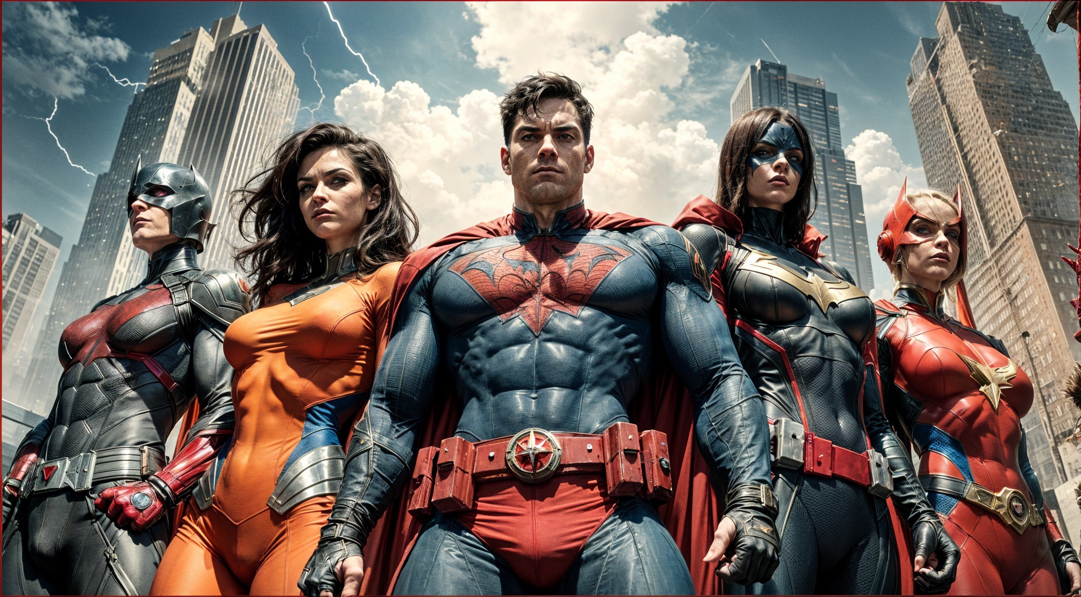 Superheroes in Cityscape with Lightning Background