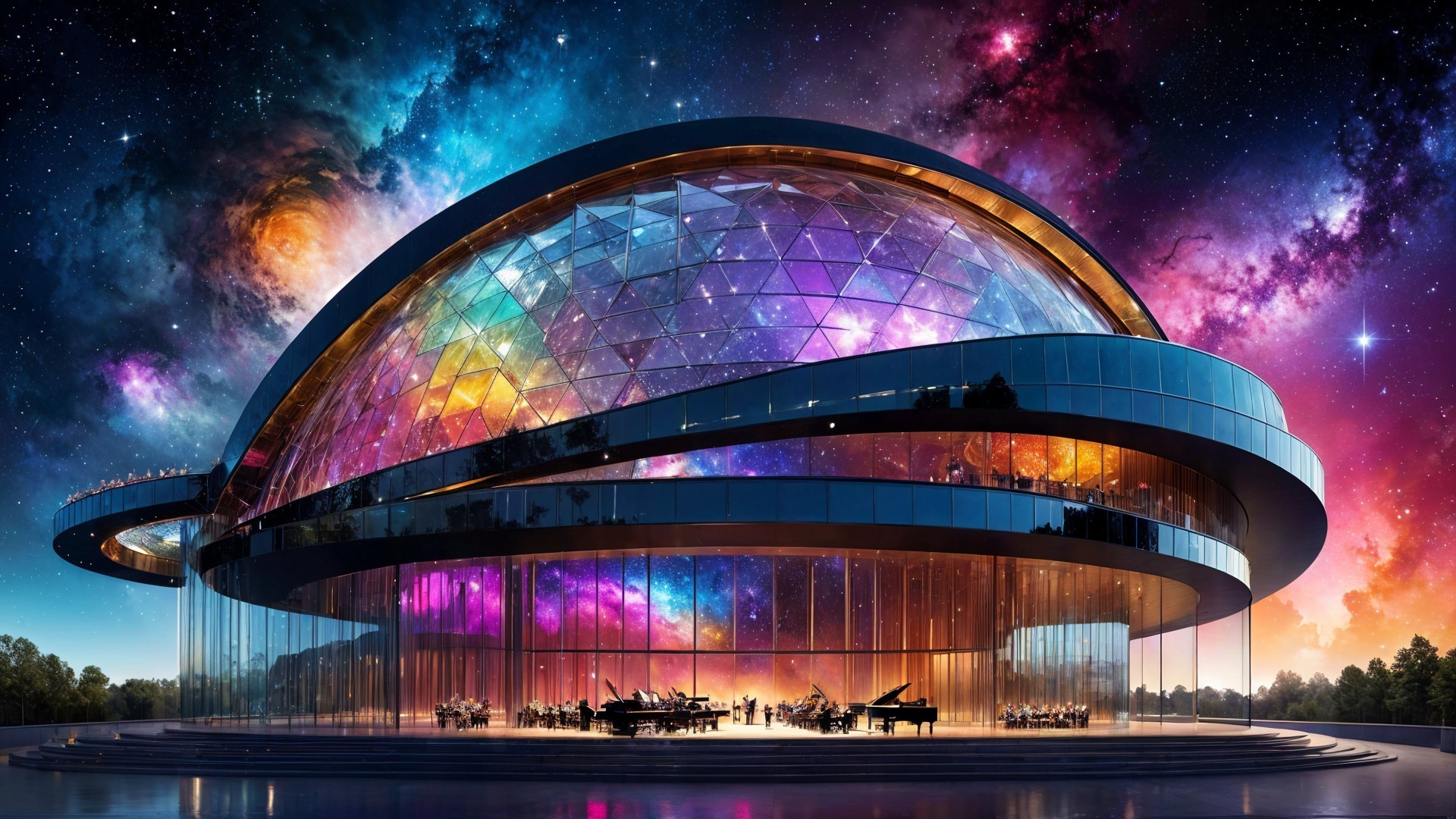 Futuristic concert hall with glass dome and cosmic theme