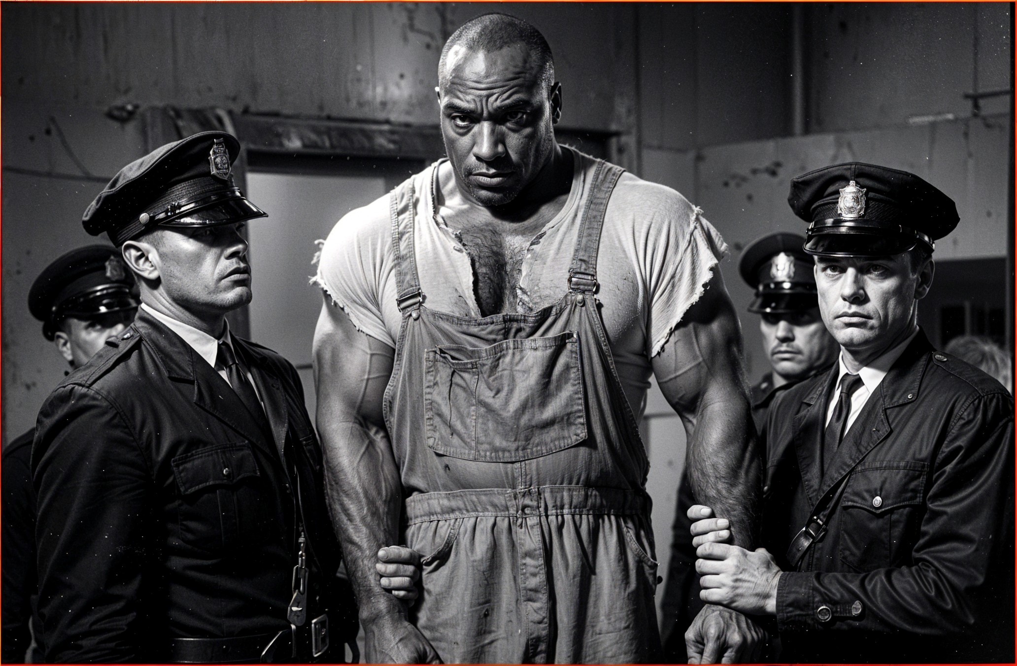 Black-and-white scene of a man with police officers