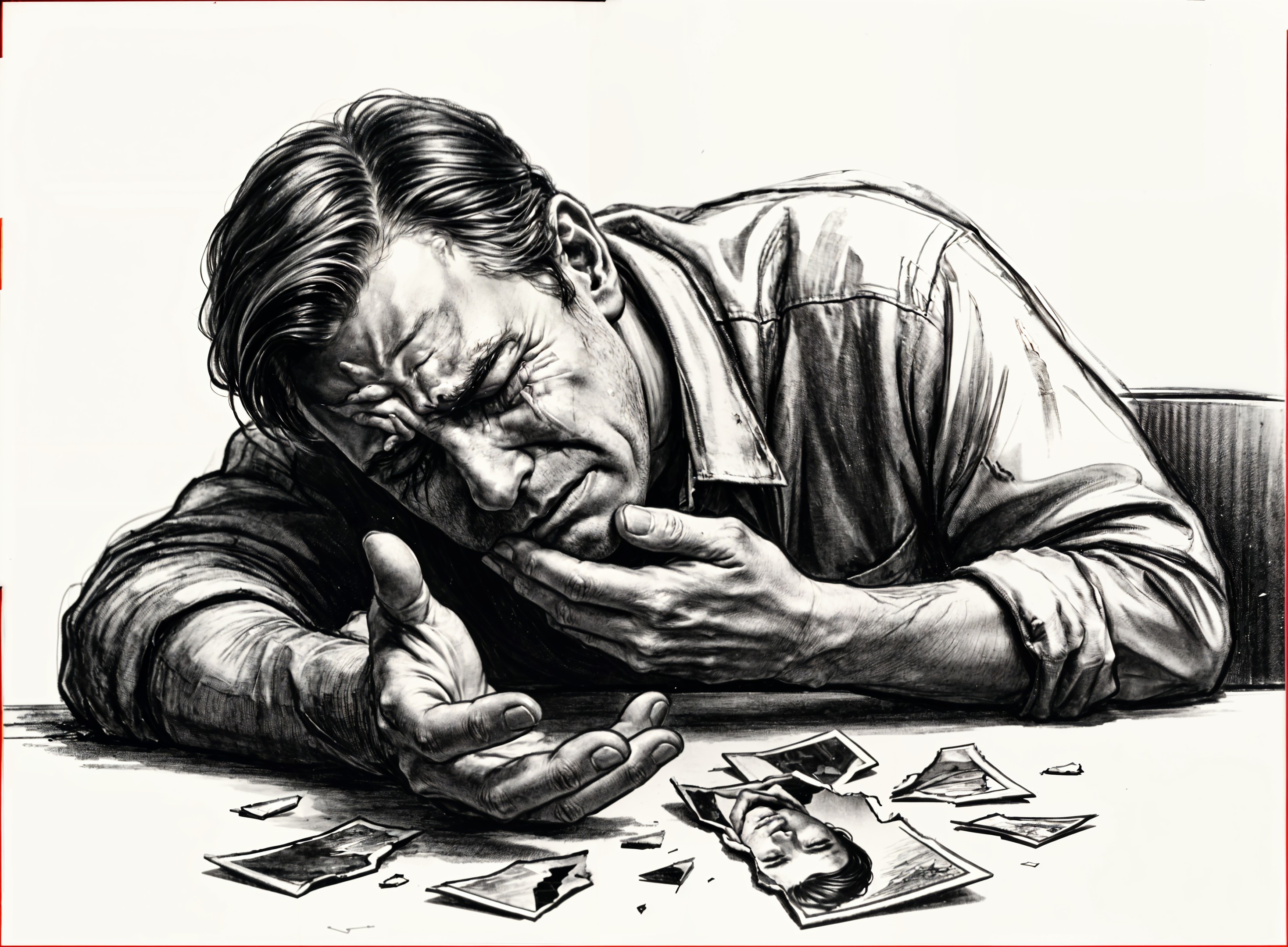 Distressed Man Reflects on Loss with Shattered Photos