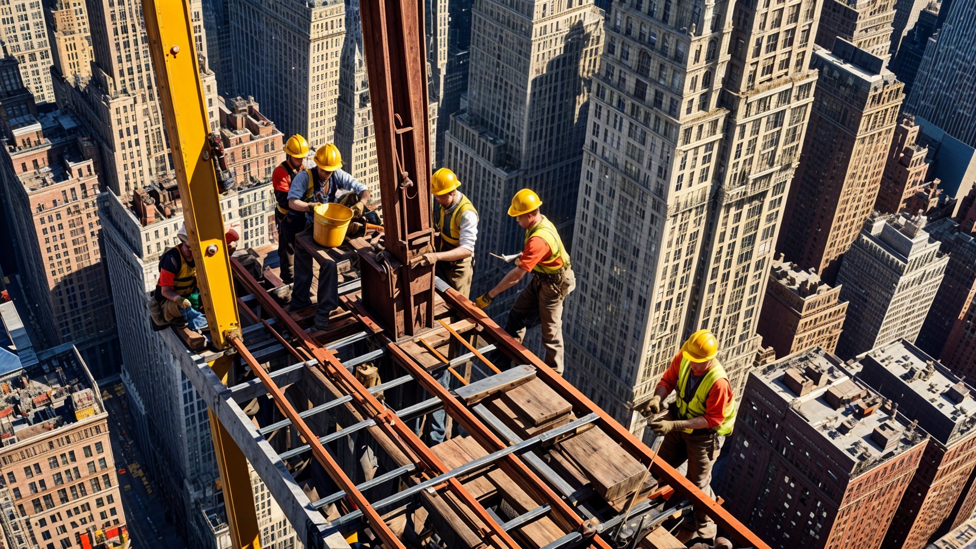 Construction Workers Assembling Steel Framework Above City
