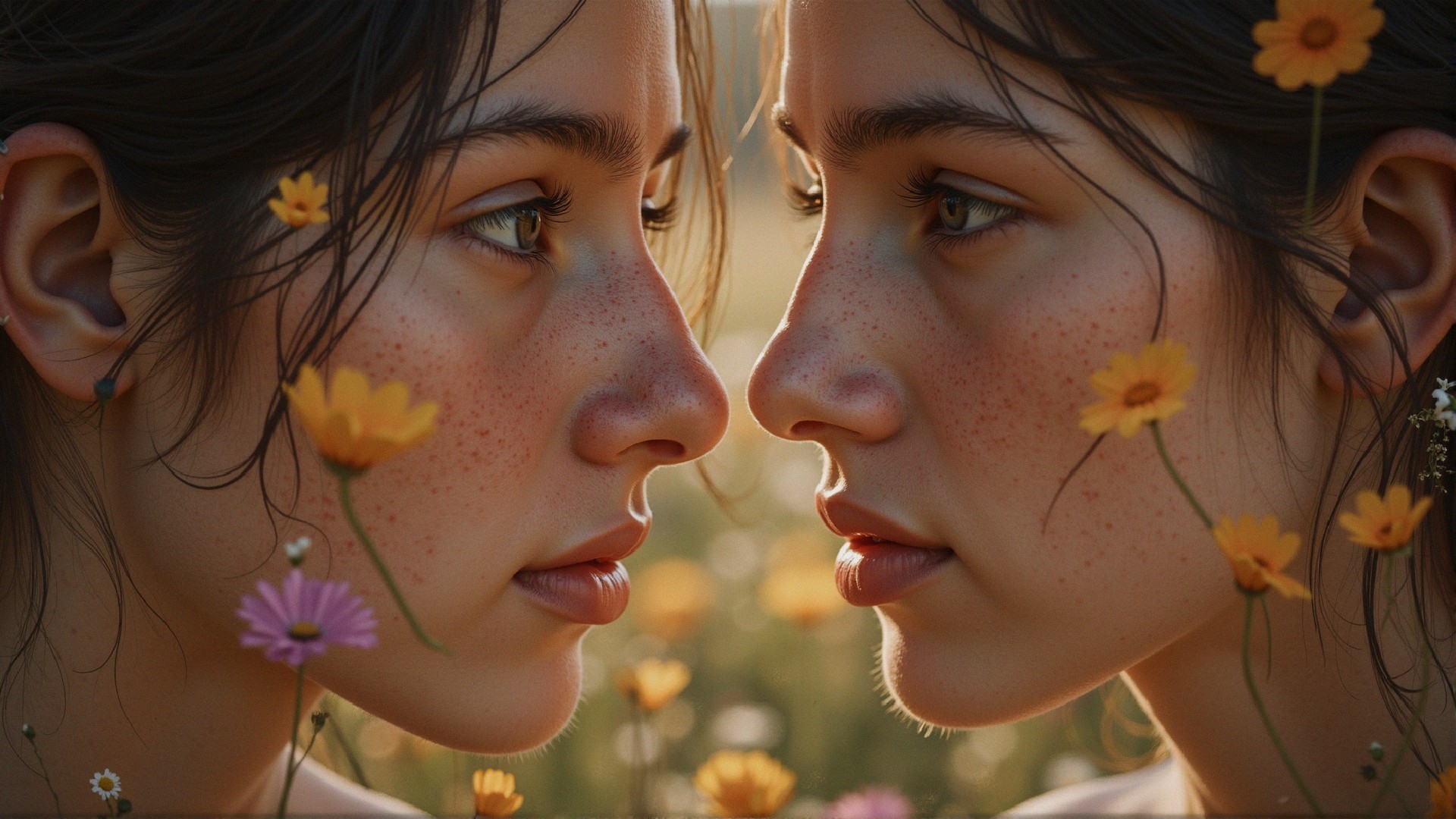 Young Women with Freckles in Flower Field Close-Up