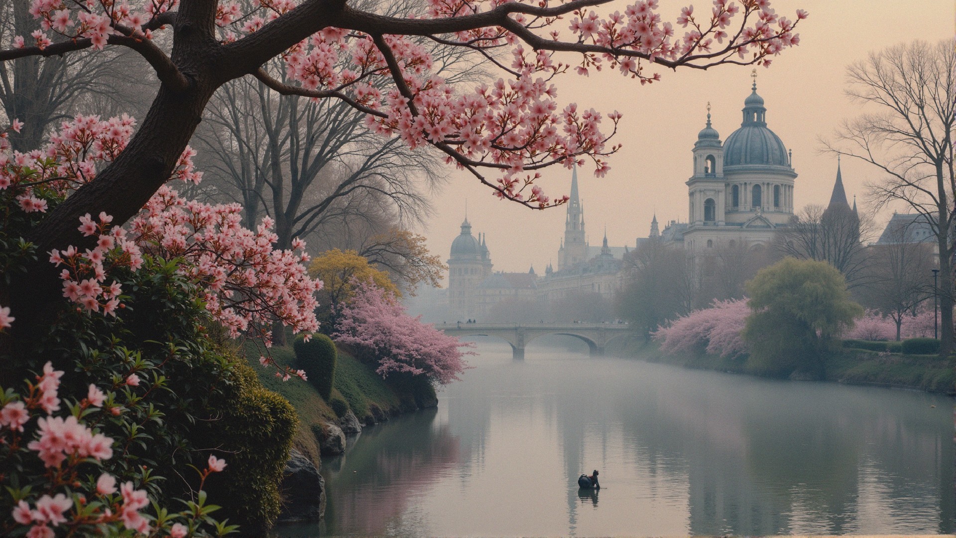 Tranquil River with Cherry Blossoms and Historical Buildings
