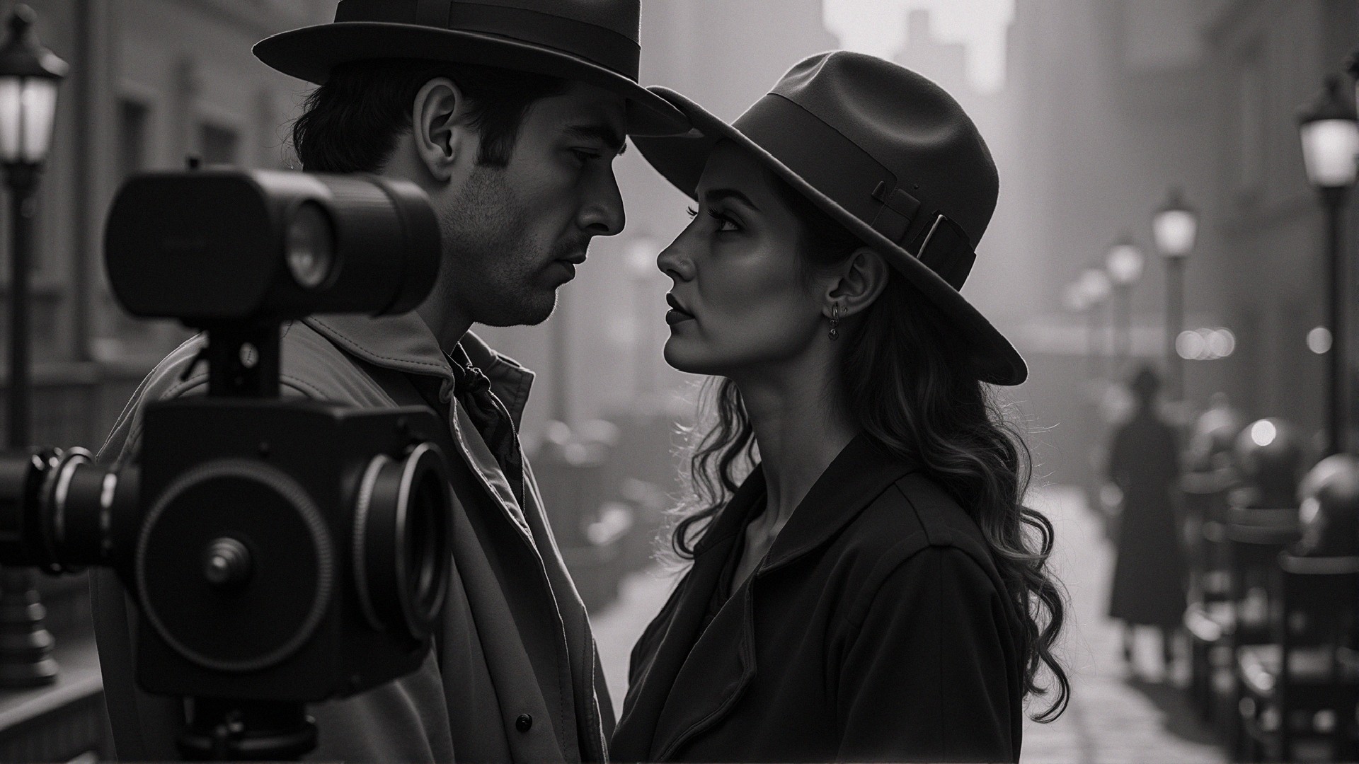 Classic Film Noir Scene with Intense Gaze and Hats