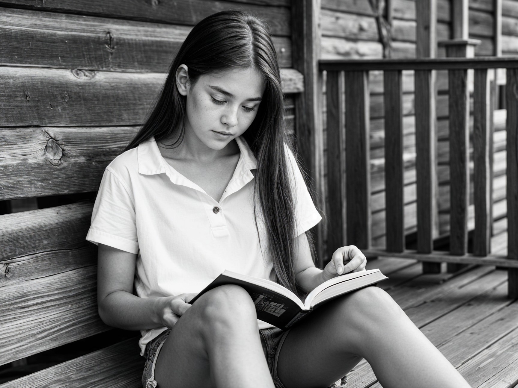 Young Reader on Wooden Porch in Black and White