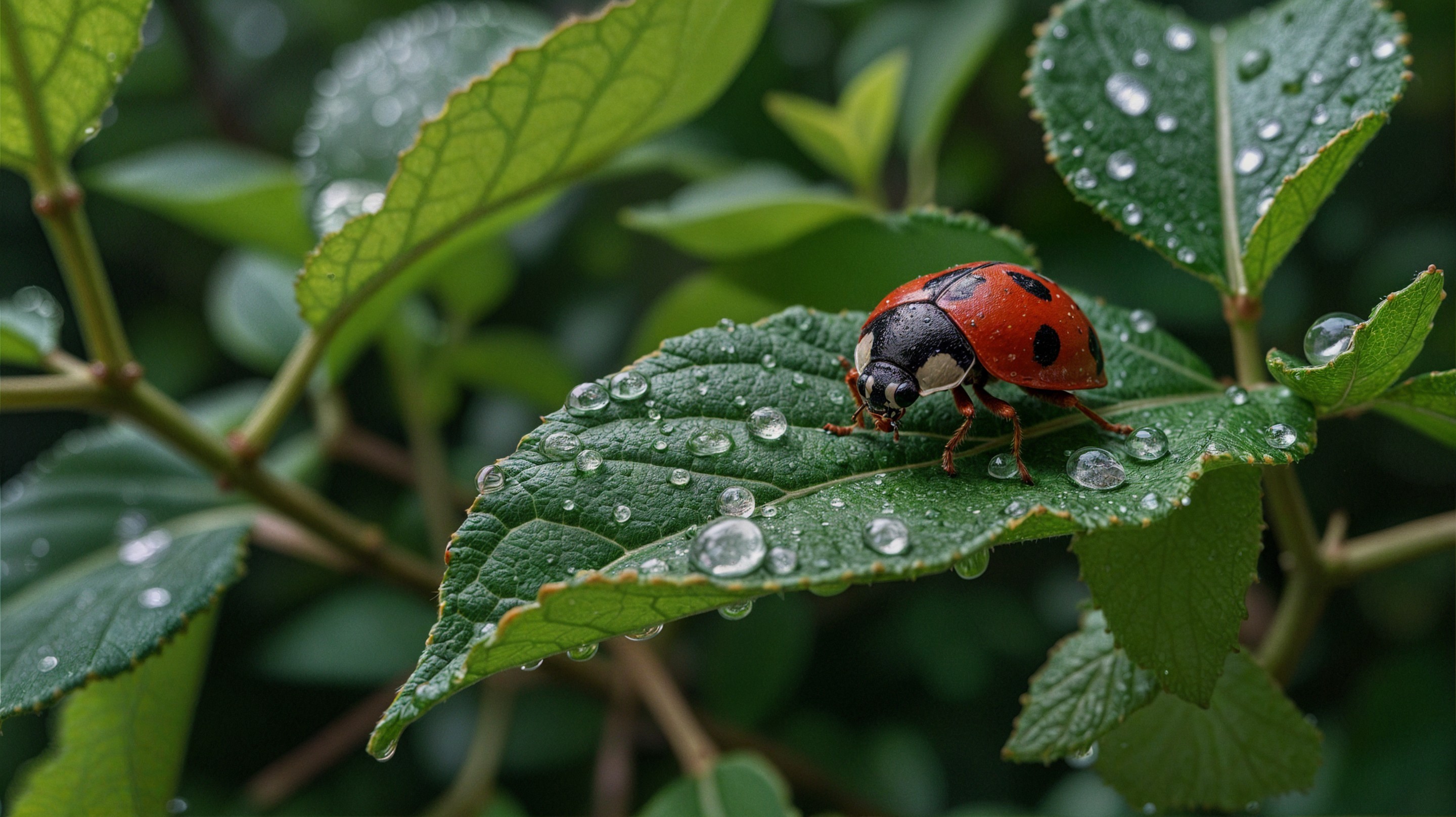 Vibrant Red Ladybug on Green Leaf with Water Droplets