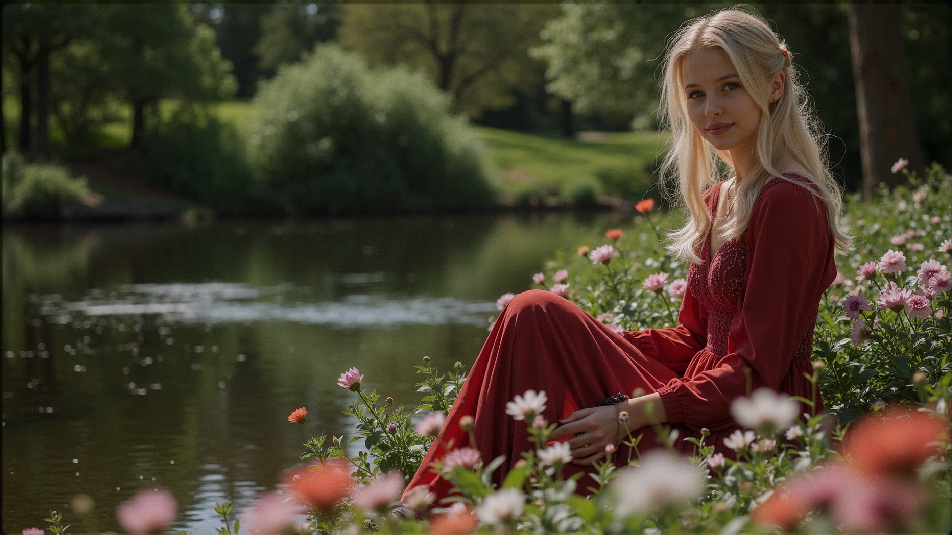 Young Woman in Red Dress by Serene Pond with Flowers
