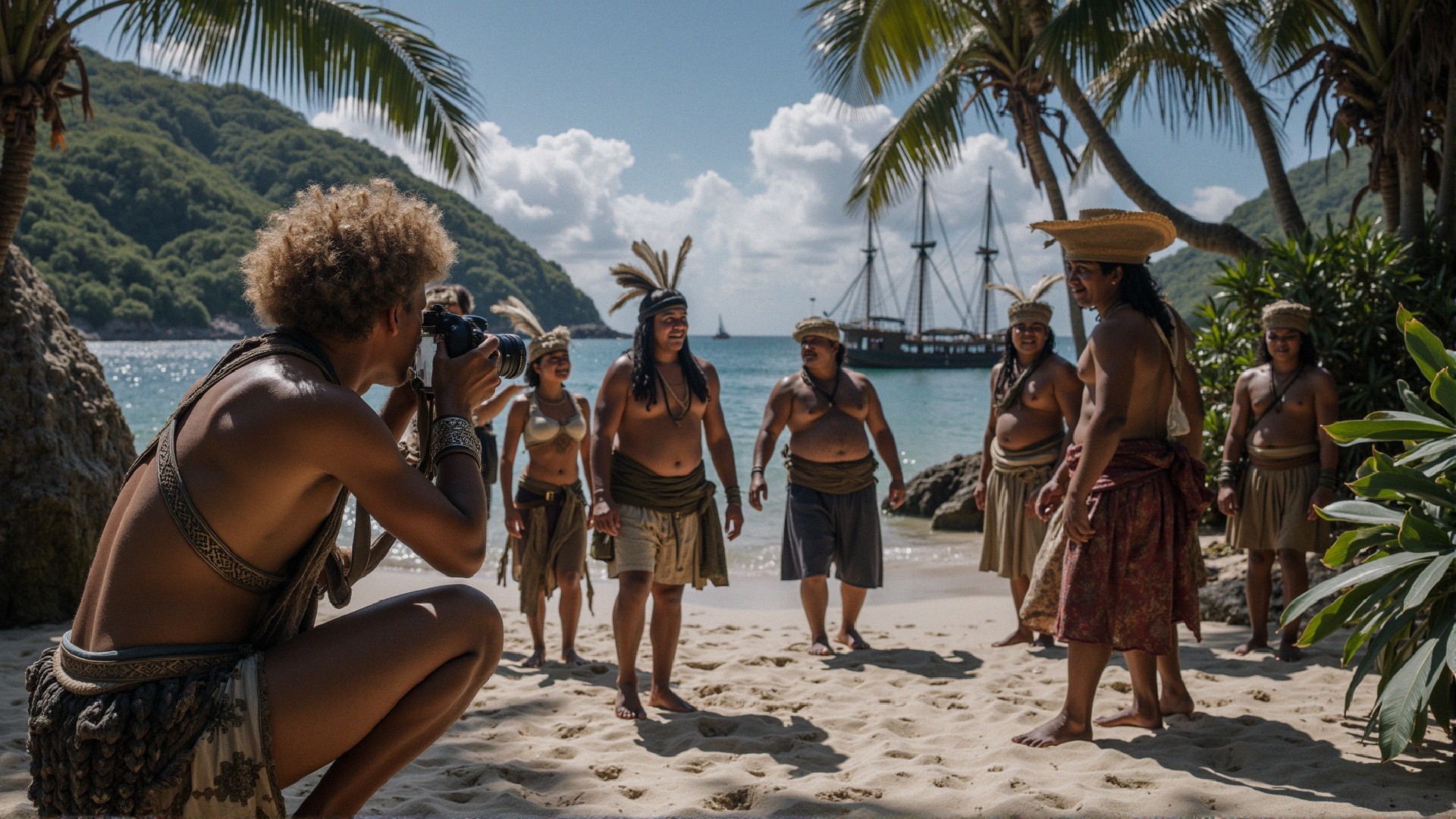 Men in Traditional Attire on a Beach with Ship