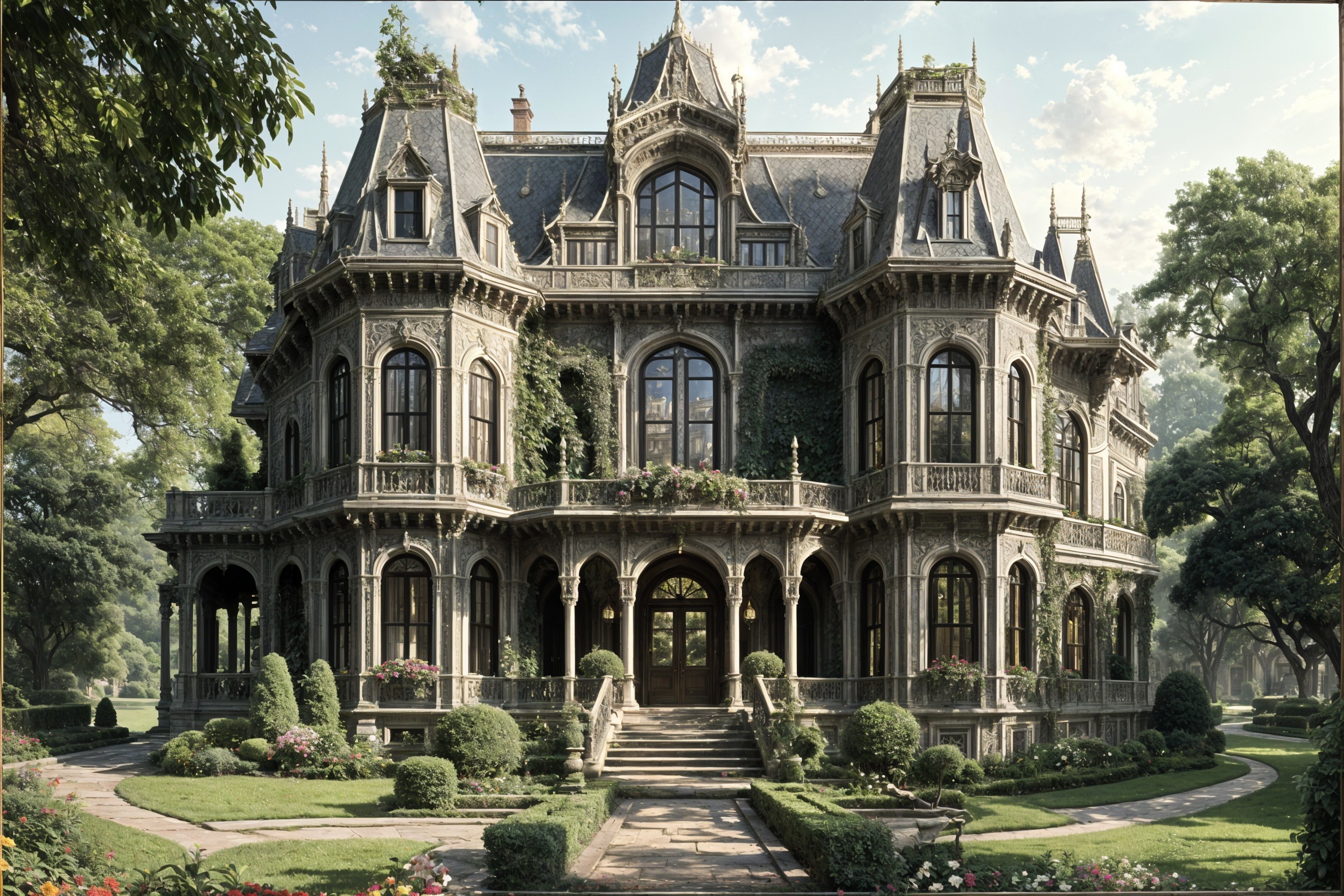 Victorian Mansion with Lush Gardens and Spires